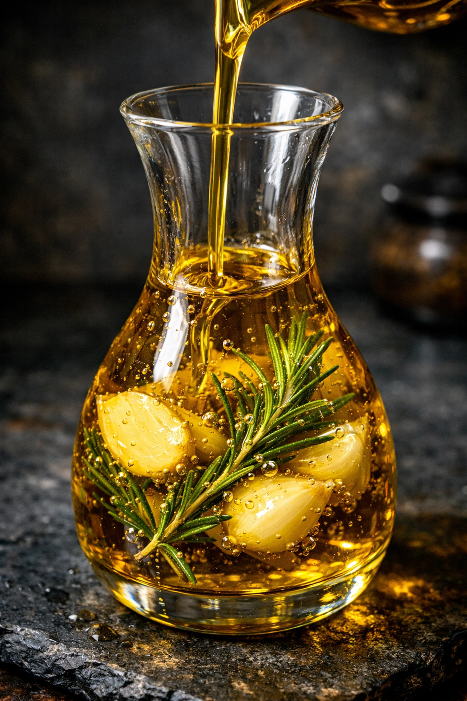 Fresh garlic-infused olive oil being poured, a gut-friendly way to add flavor without triggering IBS symptoms.