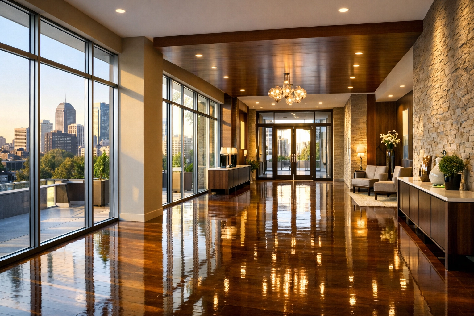 Polished hardwood floors in a luxury Indianapolis apartment hallway showing professional maintenance and care.