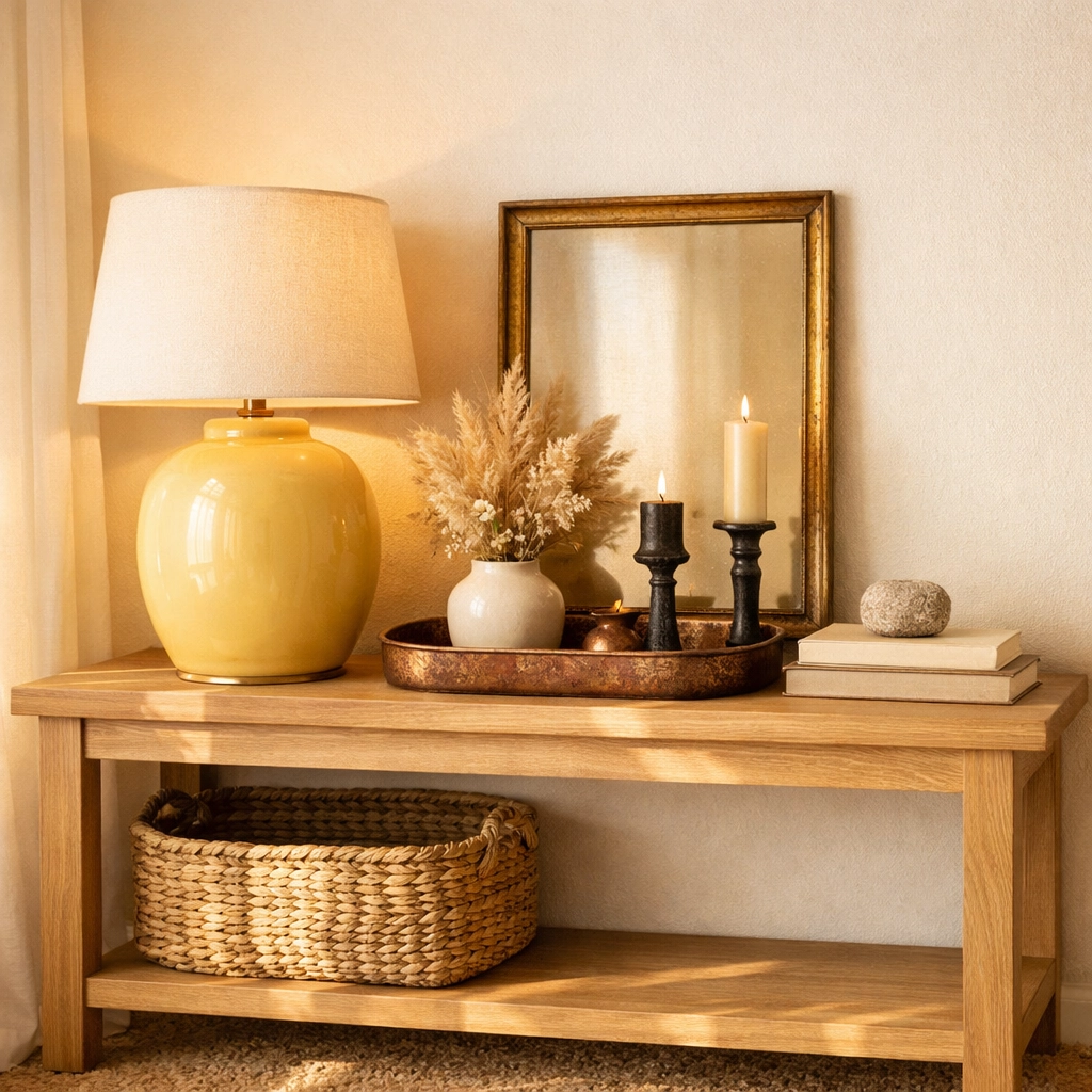 Butter yellow ceramic lamp and antique brass decor pieces on a boho entryway console table.