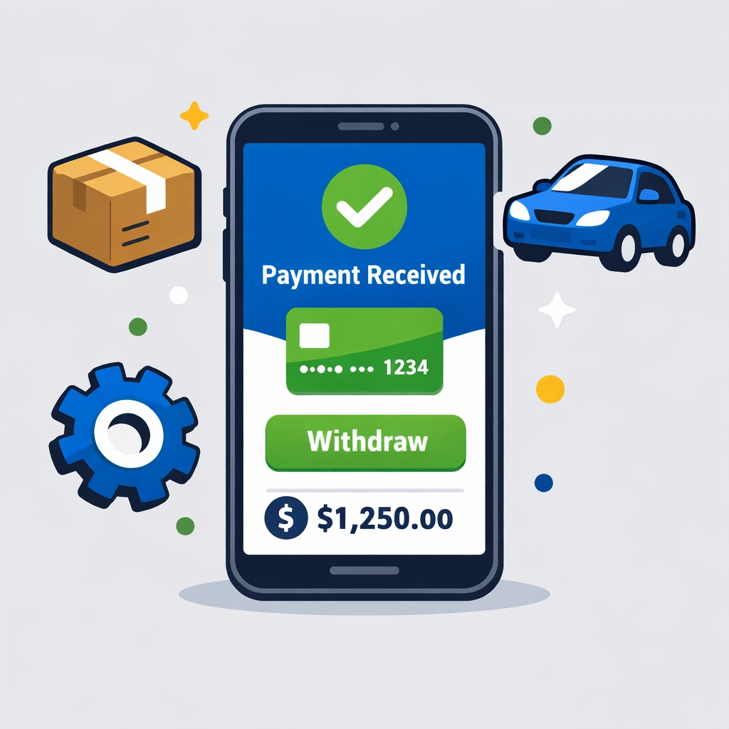 Digital payment app on a smartphone showing icons for freelance work and side hustle income reporting.