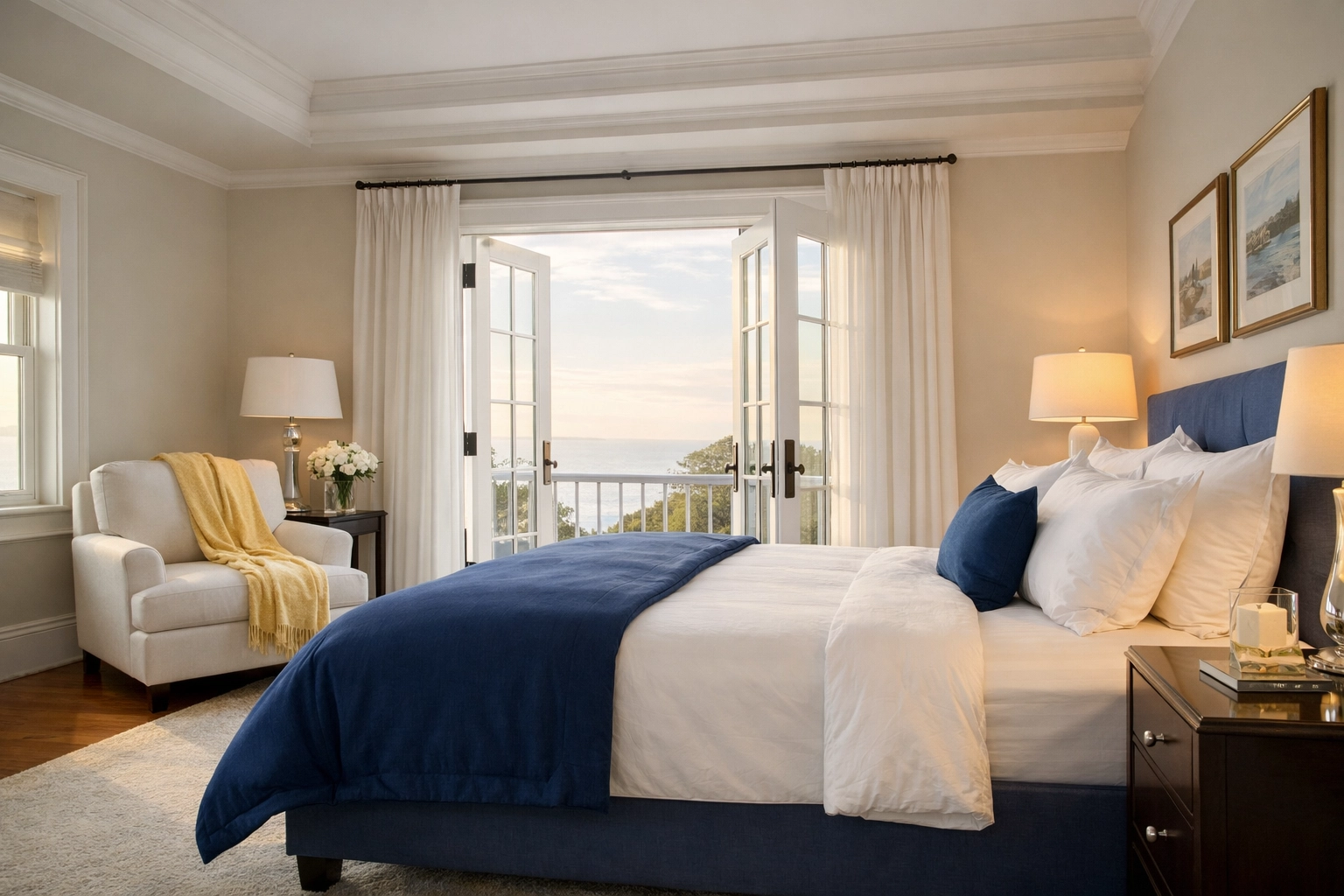 A perfectly organized luxury bedroom showcasing the results of a professional house cleaning service in Marblehead.