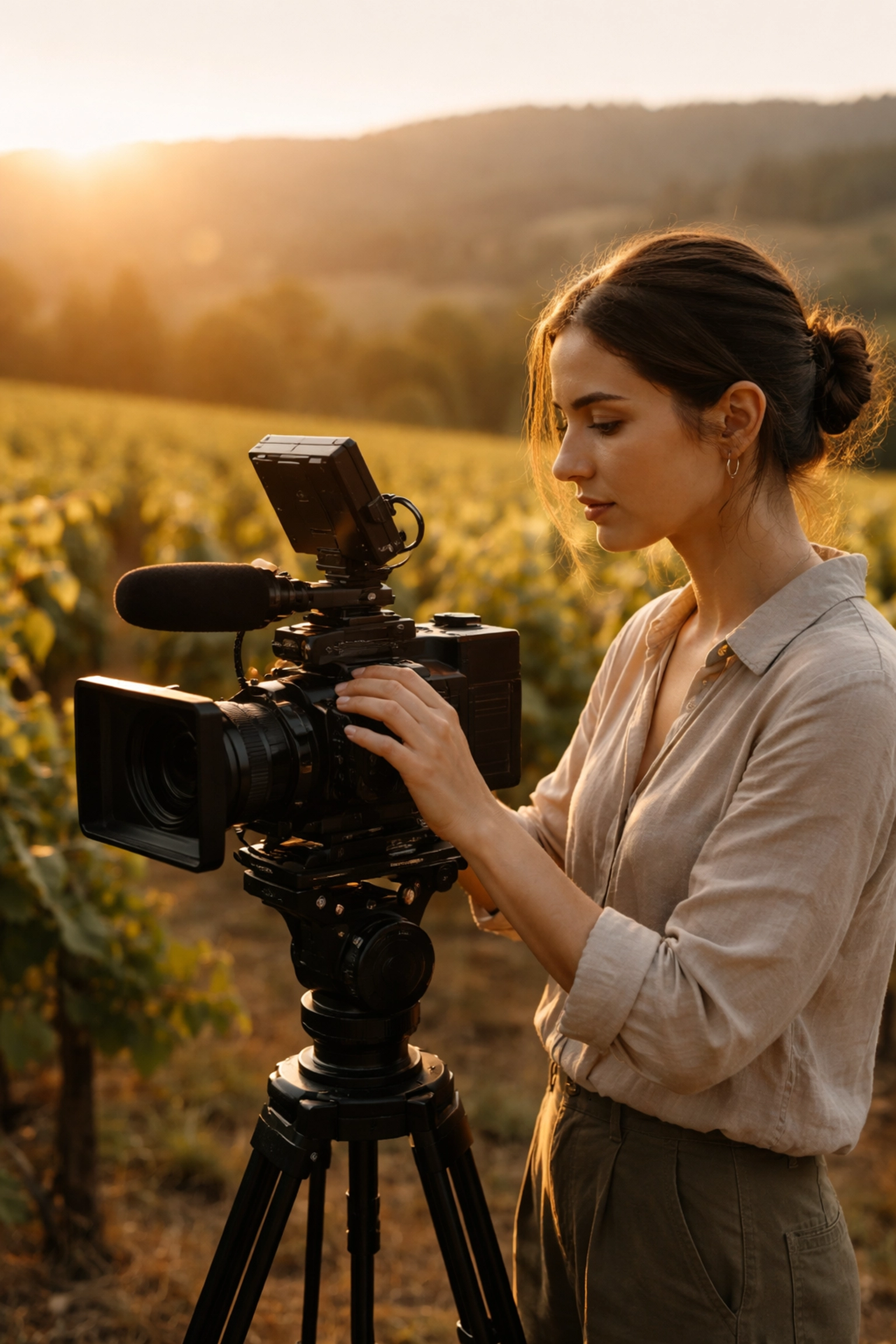 Female cinematographer adjusts camera during golden hour in a Willamette Valley vineyard, showcasing natural PNW wedding light.
