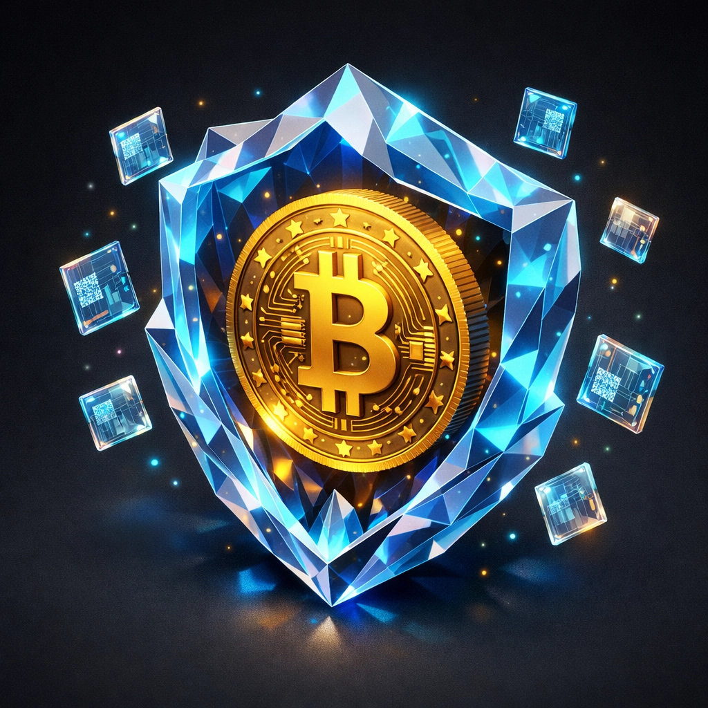 Digital currency protected by a crystalline shield symbolizing secure self-custody and NFT transaction receipts.