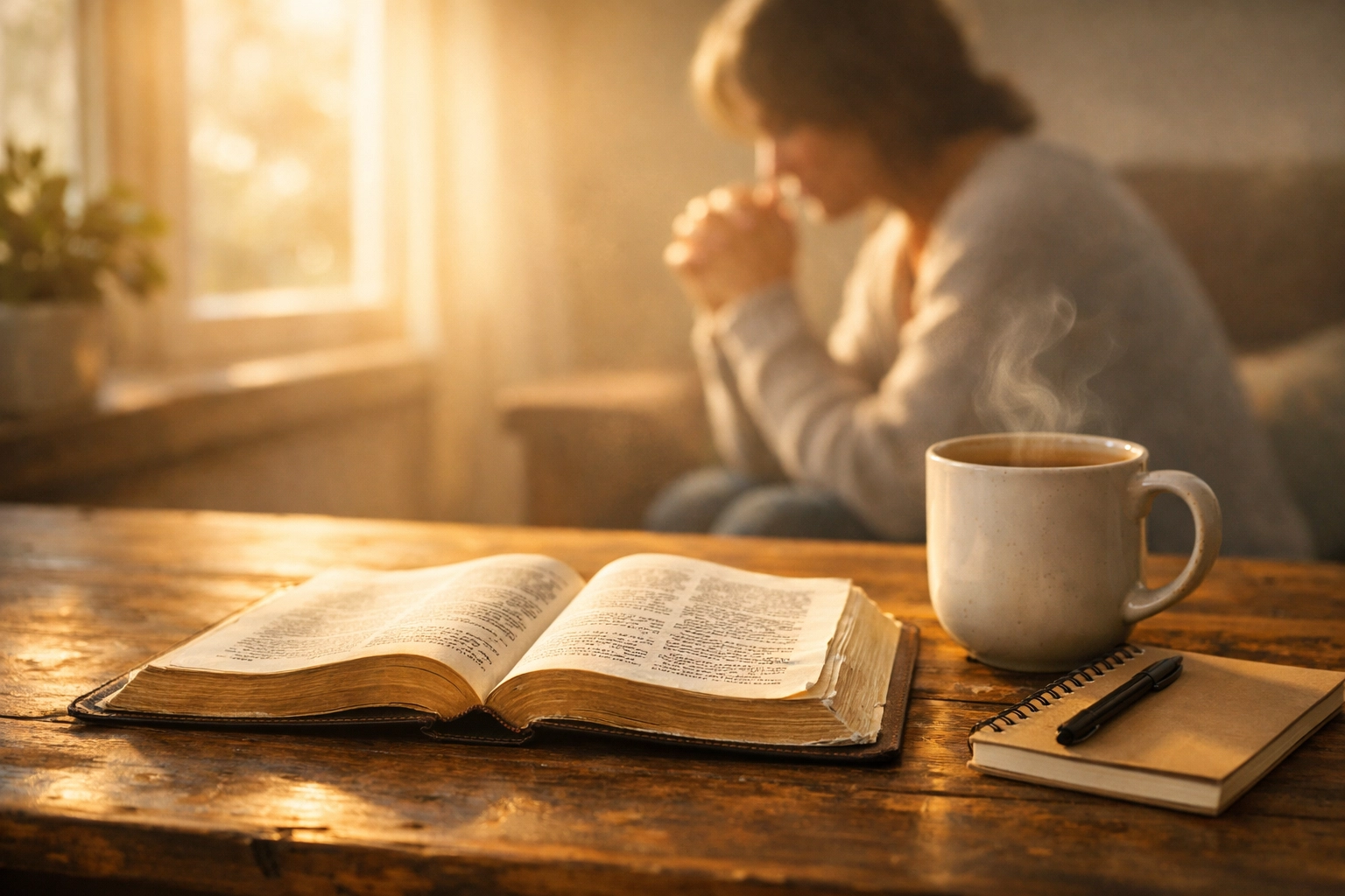An open Bible and notebook prepared for personal study and heart transformation through prayer.