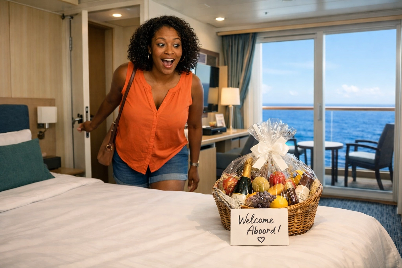 Client delighted by a personalized gift in her cruise cabin, a signature touch from a dedicated travel agent.