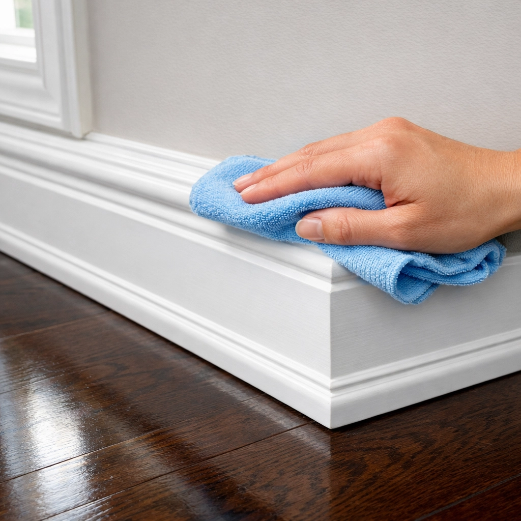 Professional residential cleaning in Orlando showing a hand wiping a clean white baseboard with a microfiber cloth.