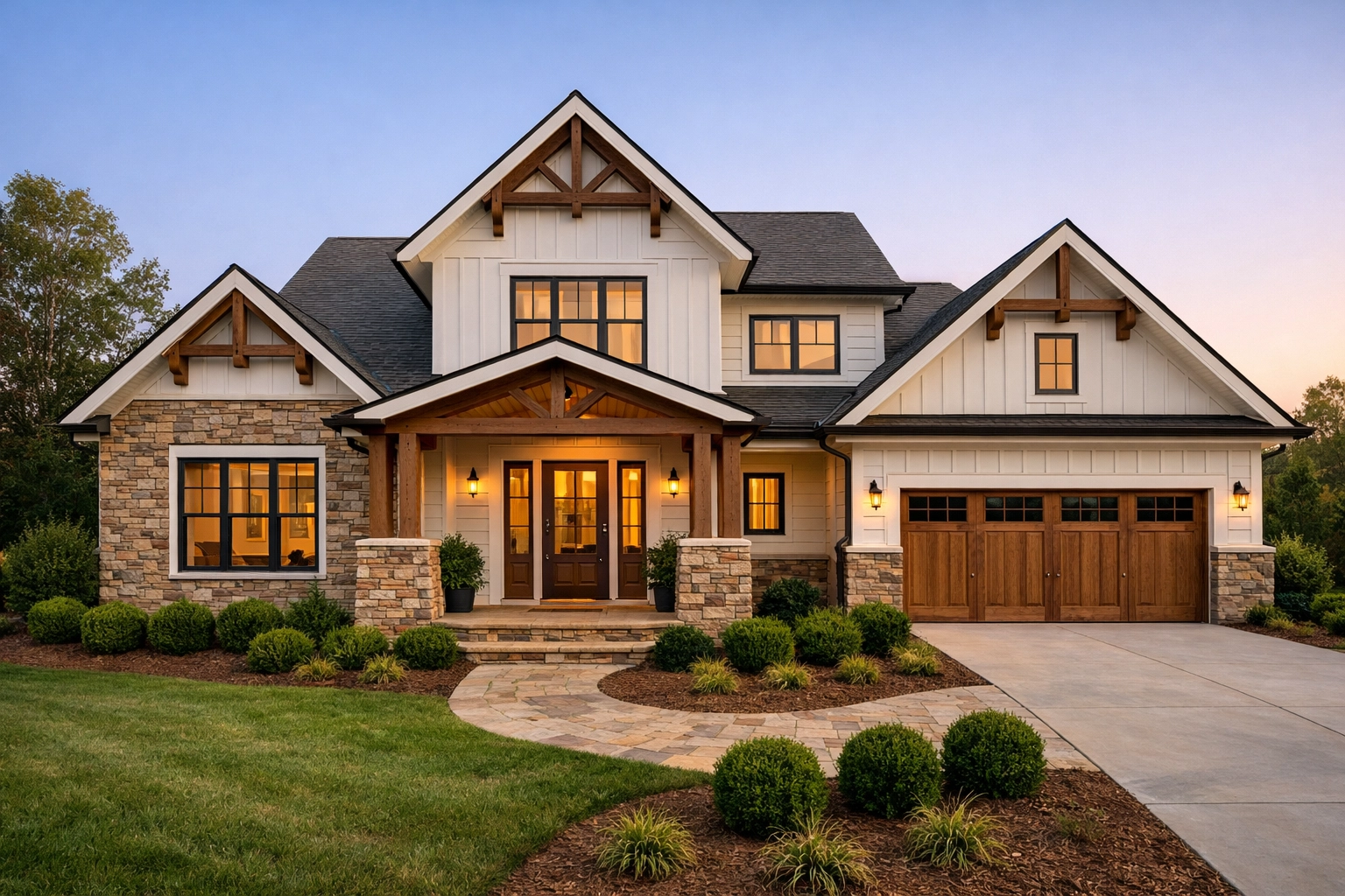 A beautiful North Georgia craftsman-style home with white siding and stone accents in a healthy real estate market.