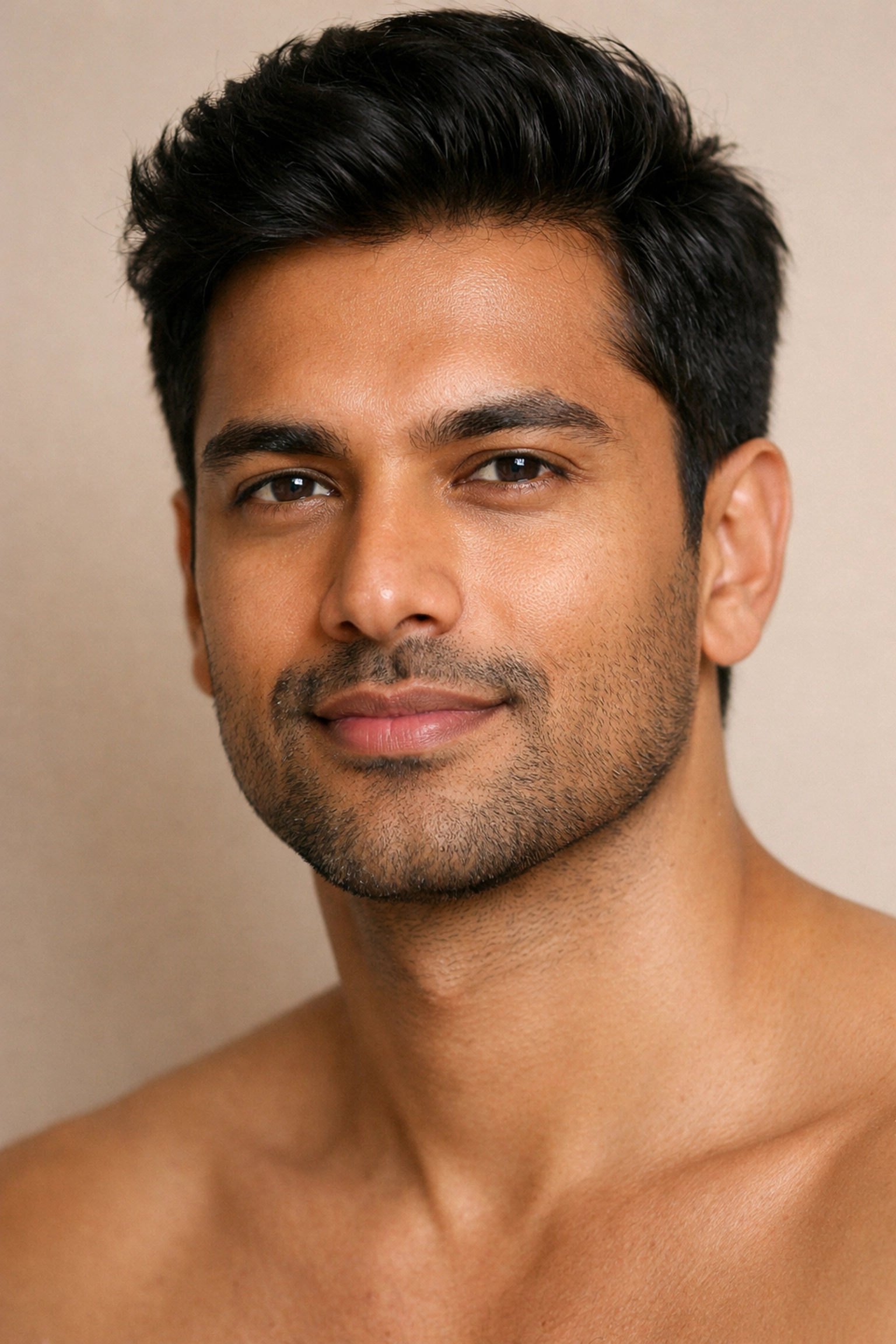 South Asian man with clear even skin tone after safe SQT bio-microneedling treatment for men