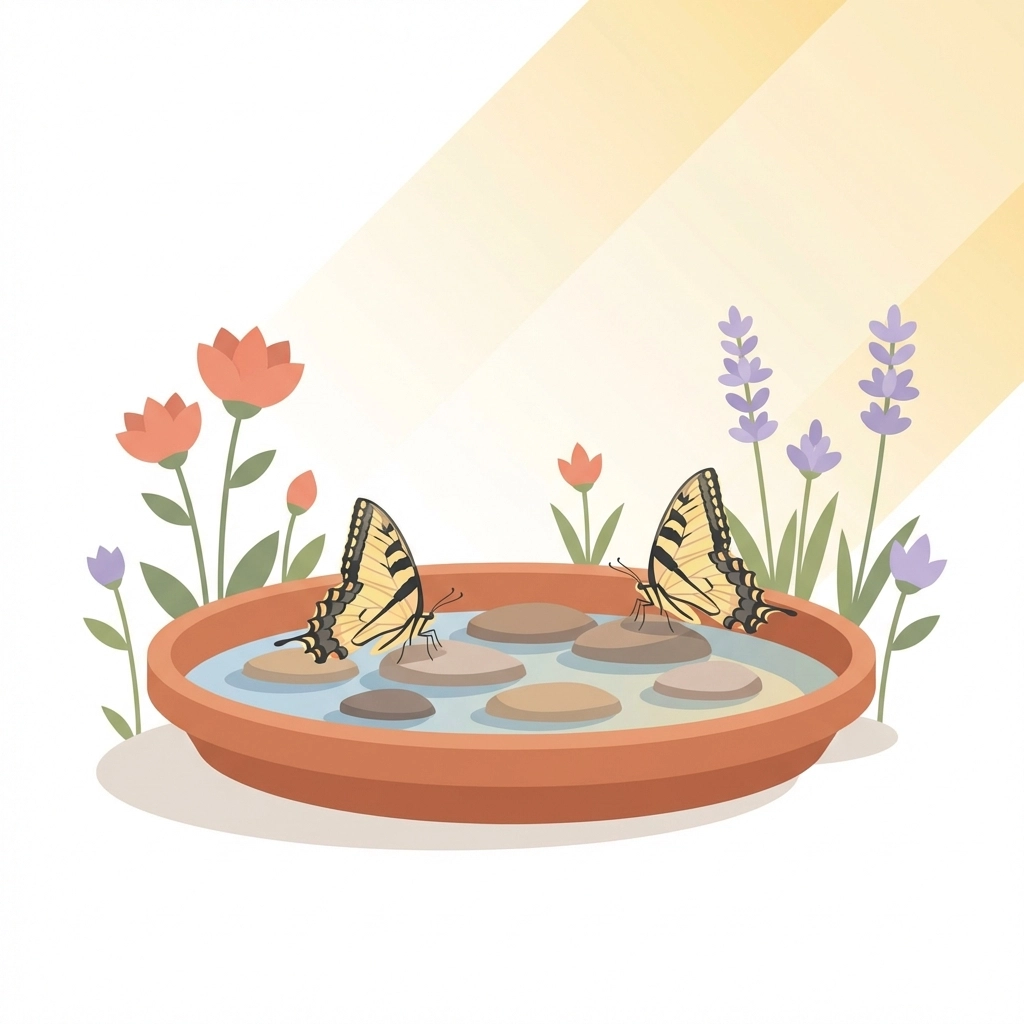 Butterfly puddle station in a garden corner with swallowtail butterflies resting by flowering plants