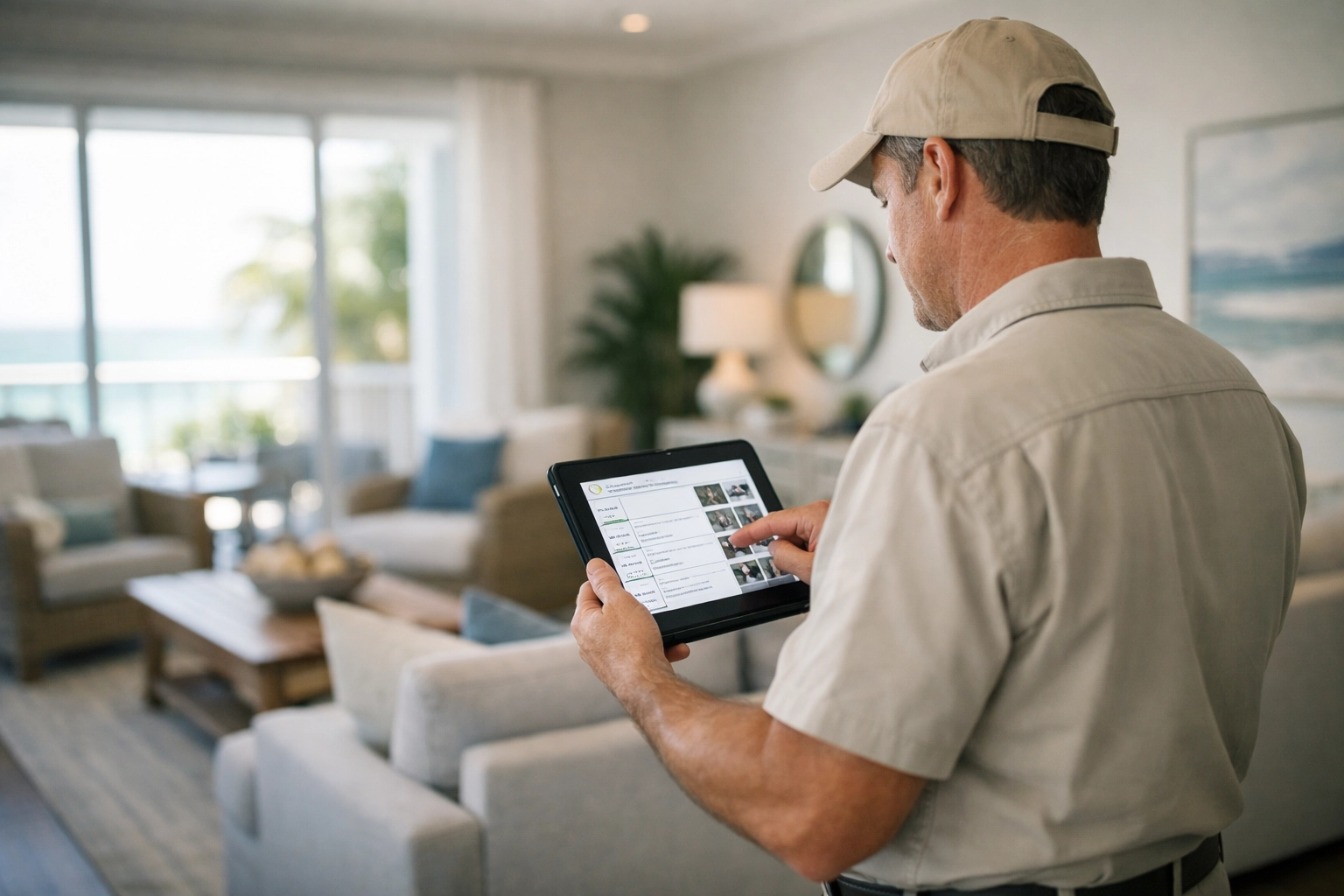 Professional home watch inspector documenting a Florida home interior with a tablet