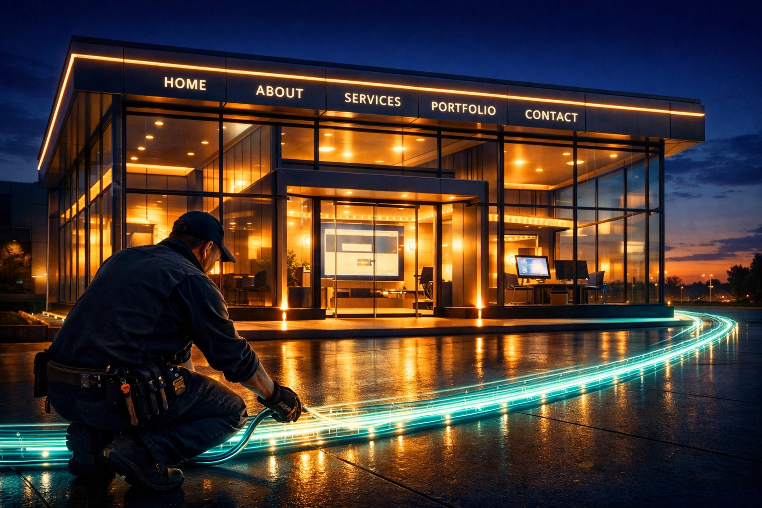 A glowing modern storefront representing professional small business web design and a strong digital foundation.