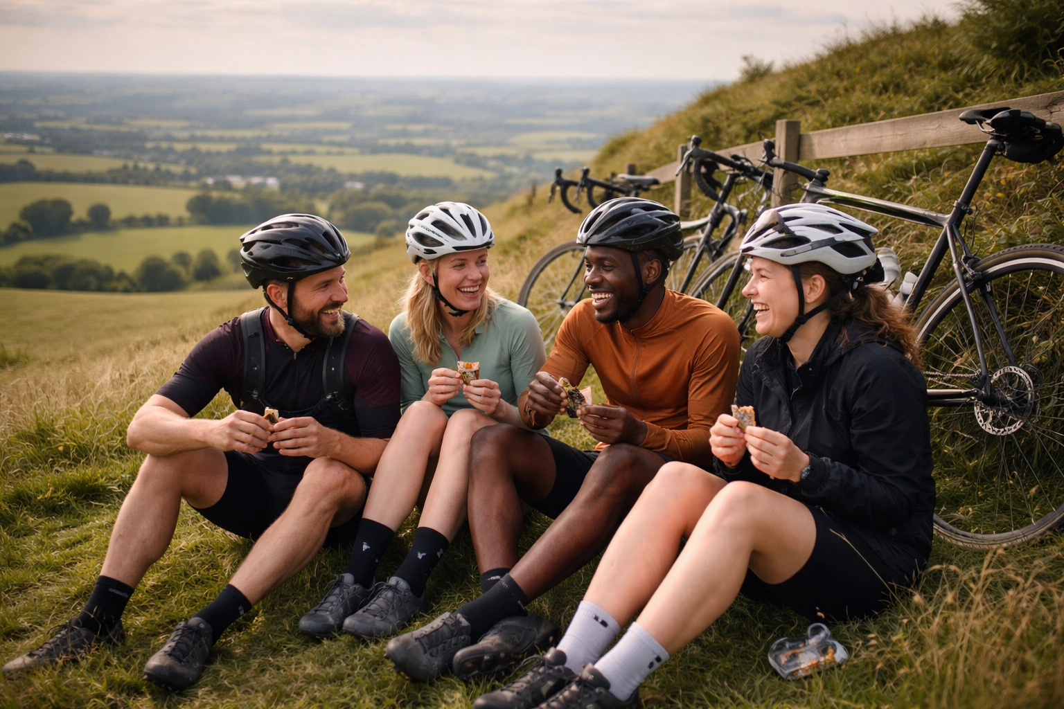 Colleagues relaxing atop a hill, sharing snacks and laughing during a corporate cycling event