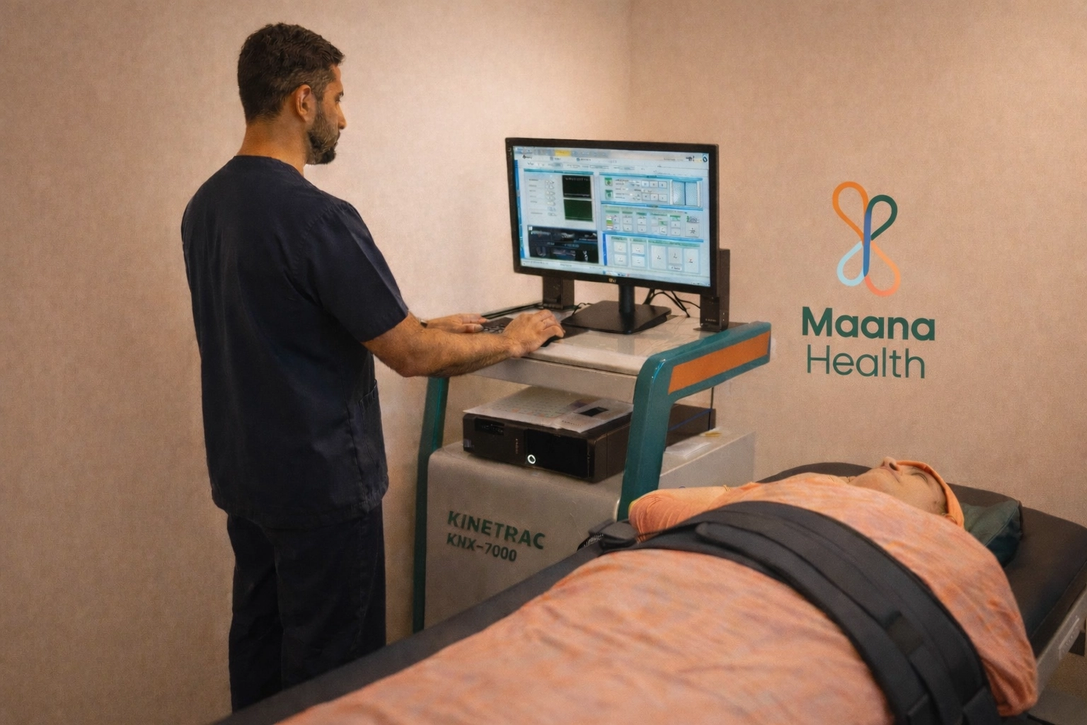 Patient receiving advanced spinal decompression therapy on the Kinetra KNX-7000 machine