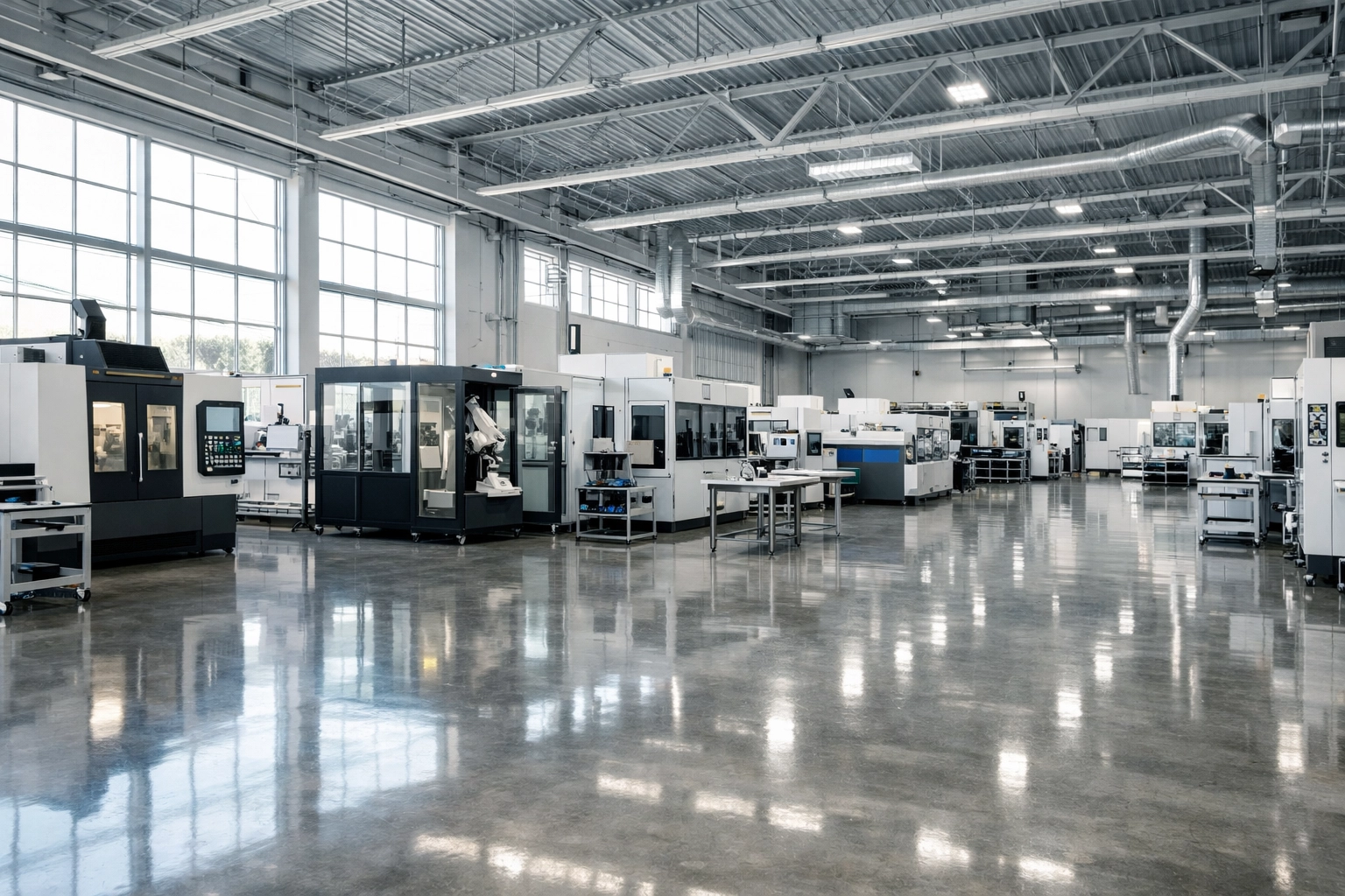 Clean and modern manufacturing facility floor showing efficient, organized factory operations.