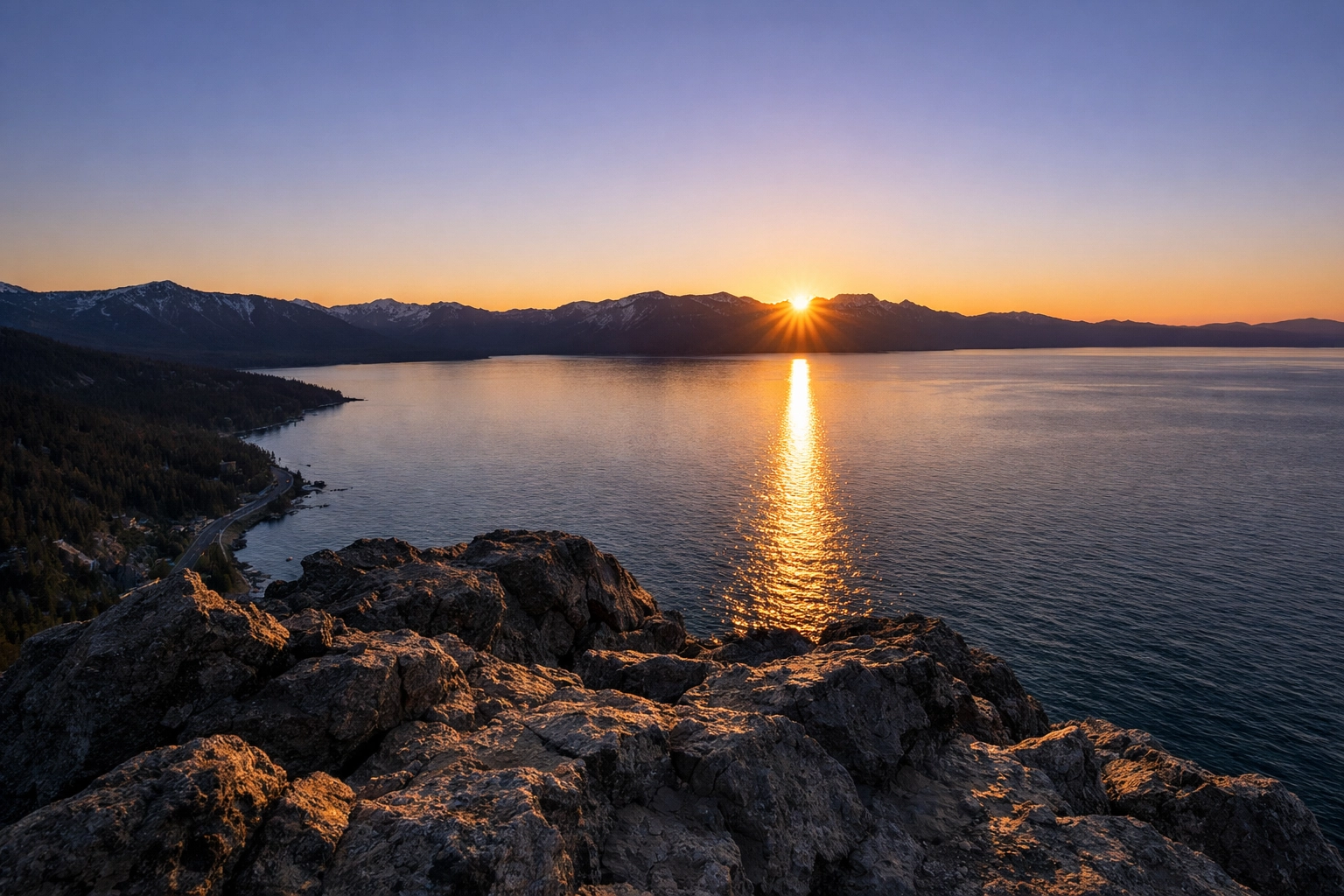 Sunset view from Cave Rock overlook showing the golden light across Lake Tahoe toward the mountains.