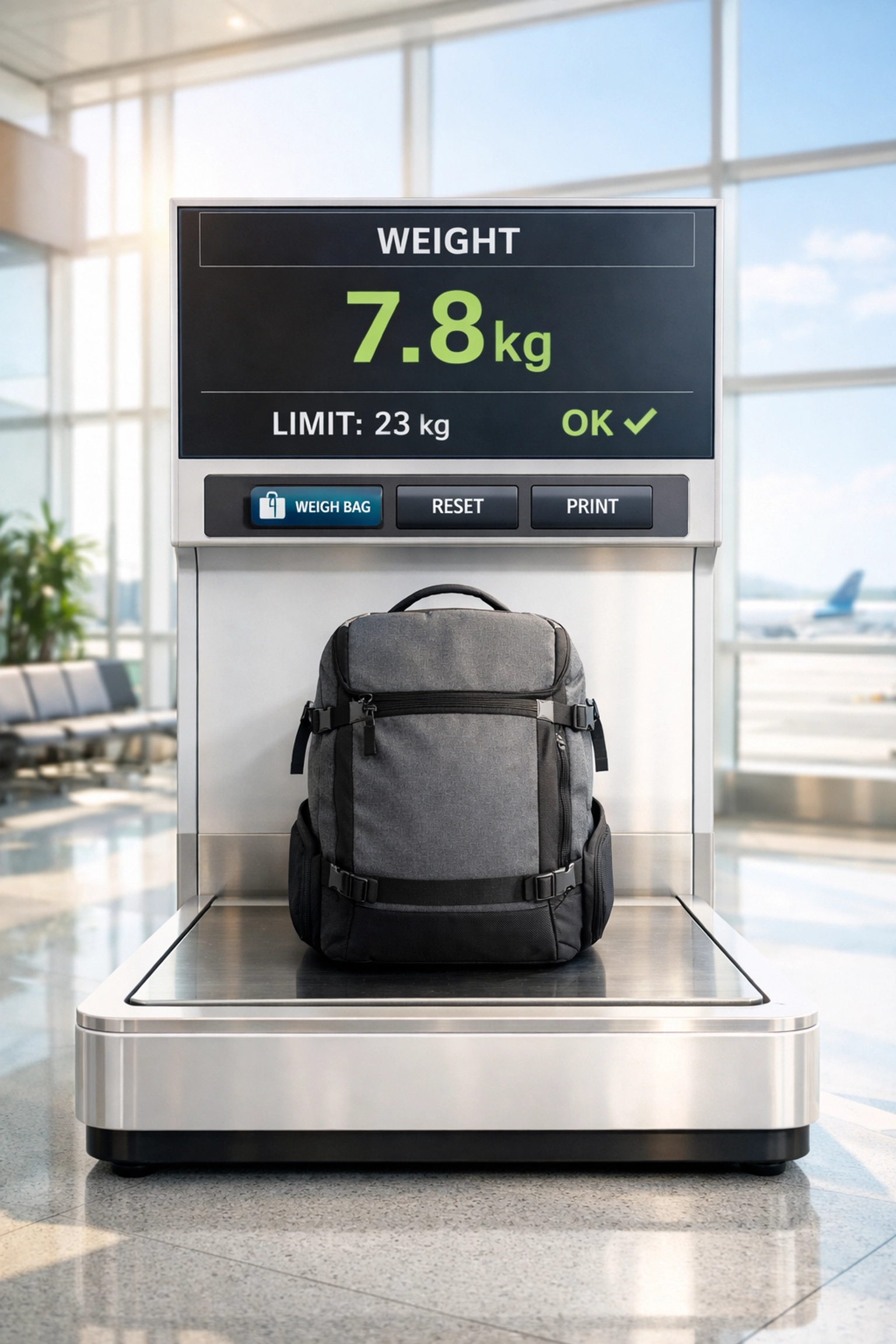 A scuba gear bag being weighed on an airport scale to meet 2026 airline baggage rules.