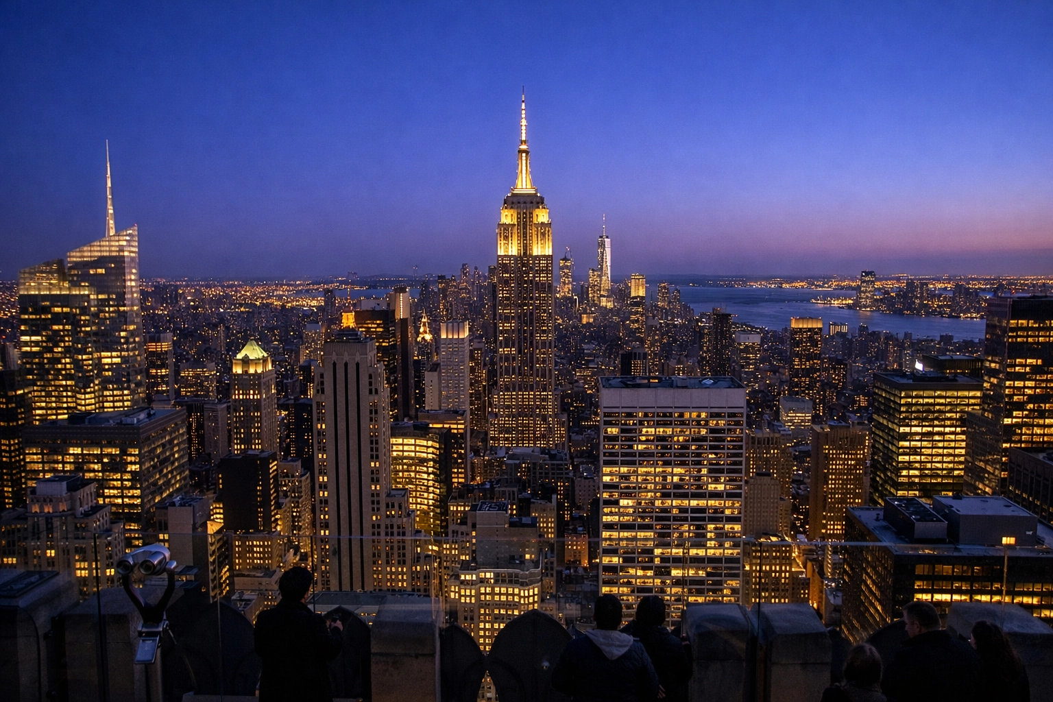 Empire State Building at blue hour from Top of the Rock, a top NYC photography location for skyline views.