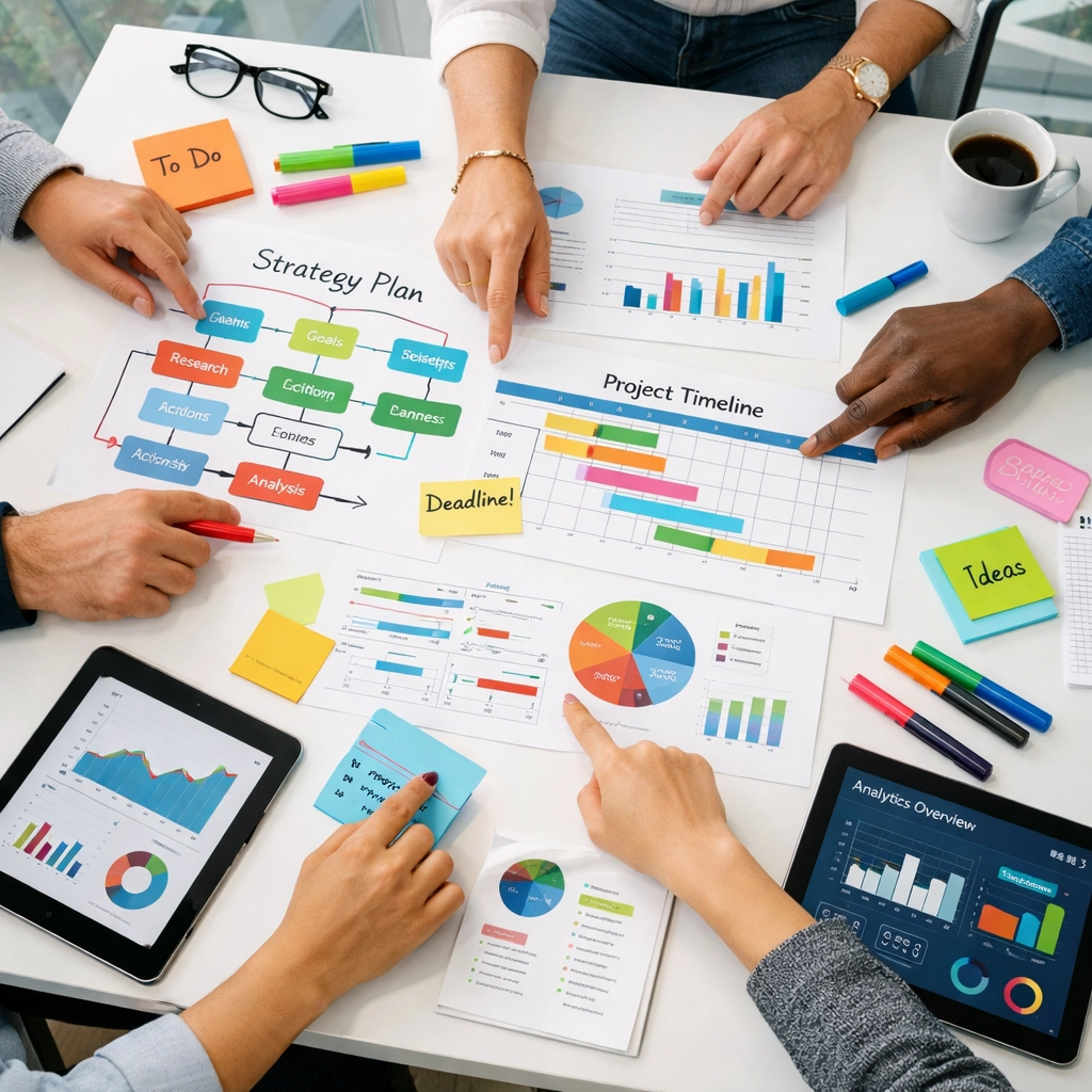 ServiceNow implementation planning session with change management strategy documents