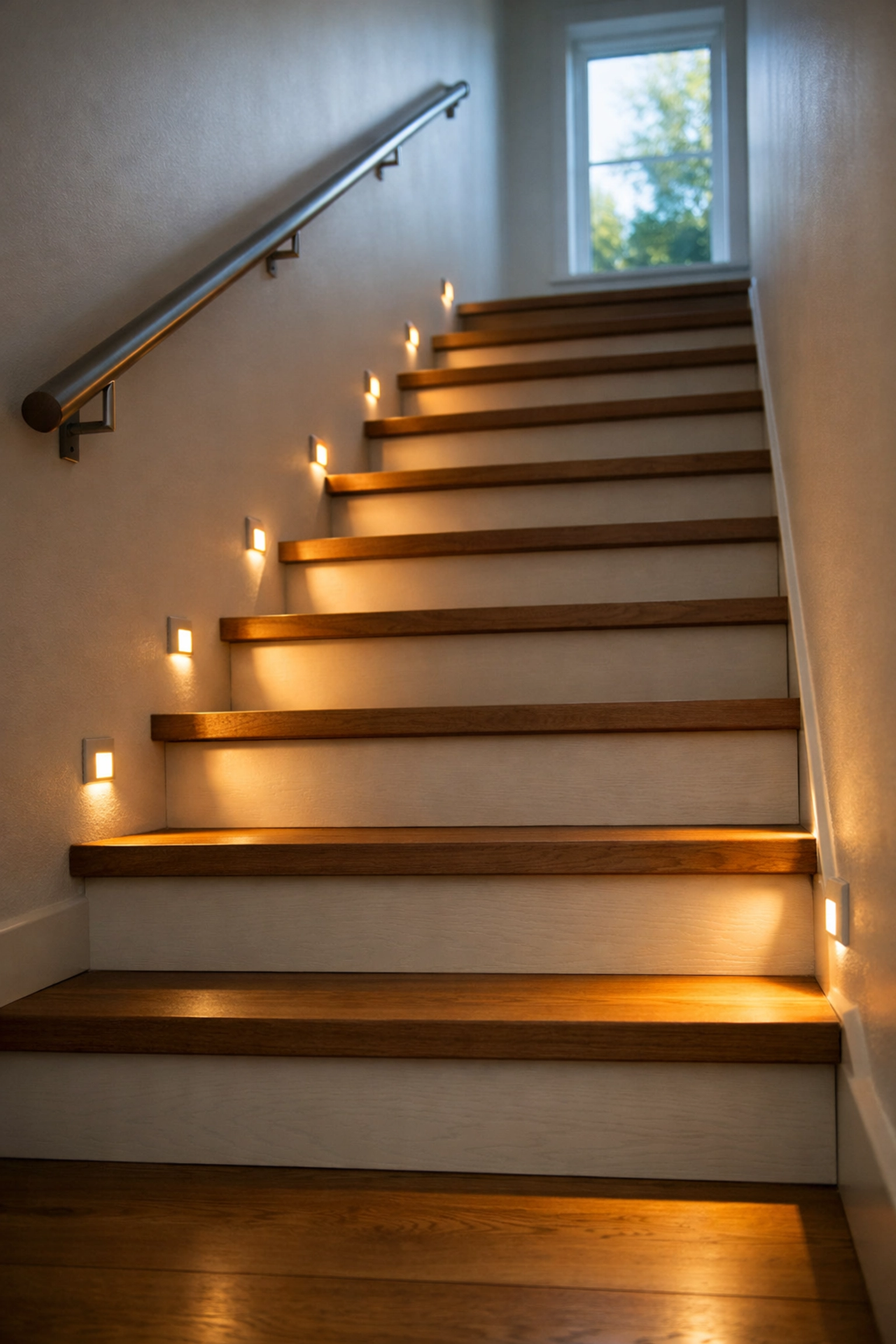 Staircase with LED step lighting clearly illuminating each step to prevent falls