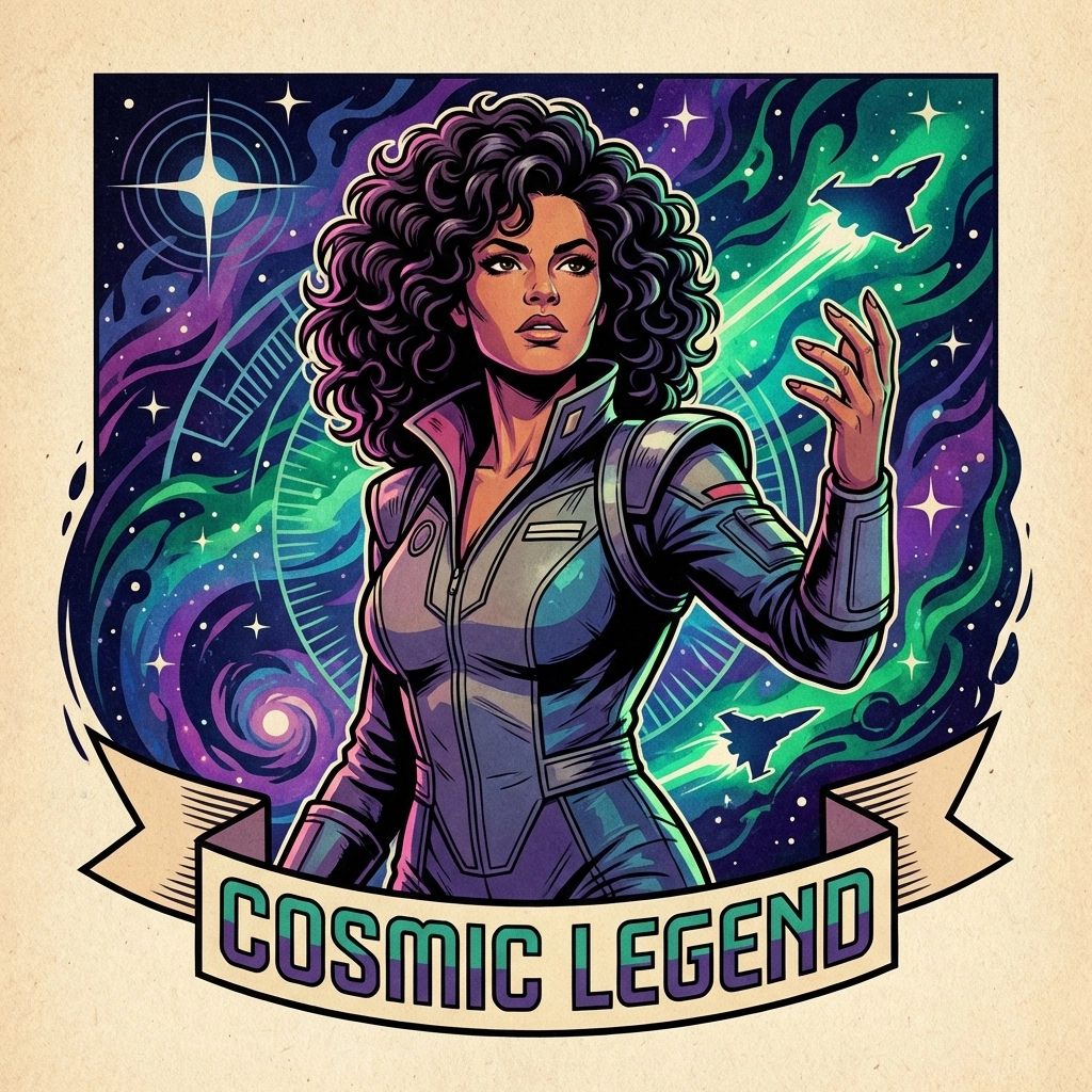 Stylized portrait of Zoe Saldaña surrounded by cosmic motifs, highlighting her record-breaking box office success.