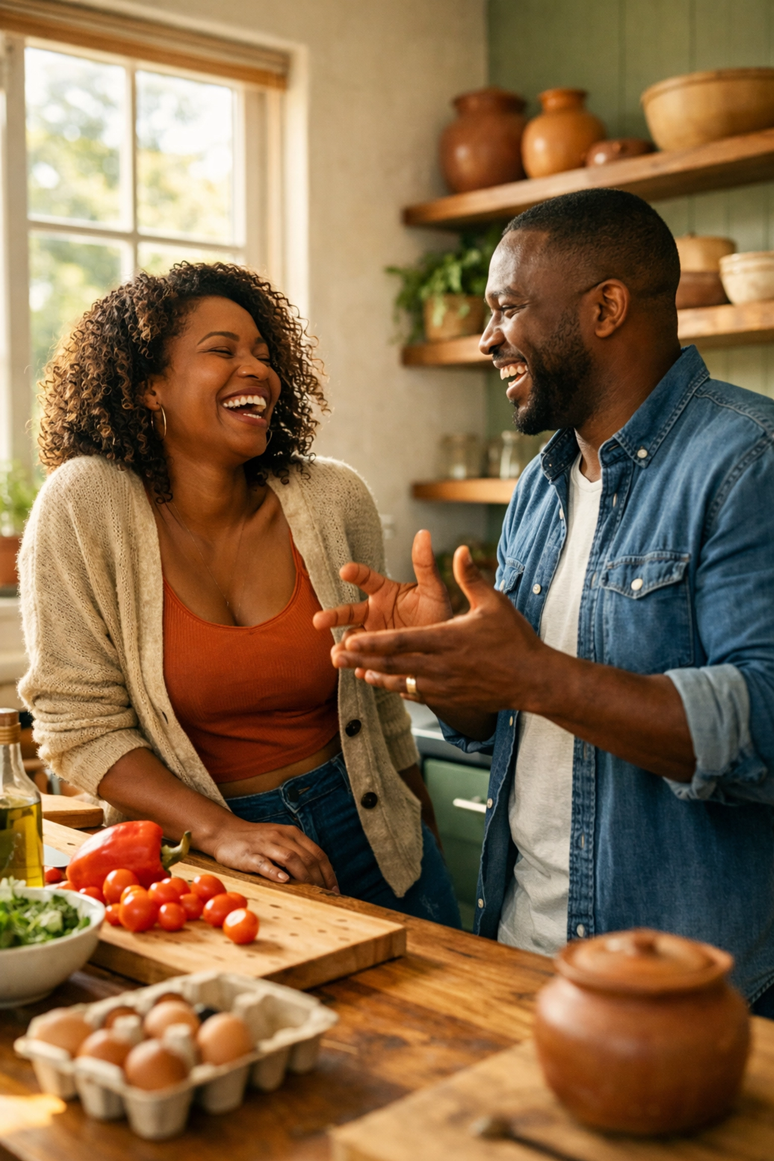Black couple laughing together while cooking, showing authentic connection without code-switching