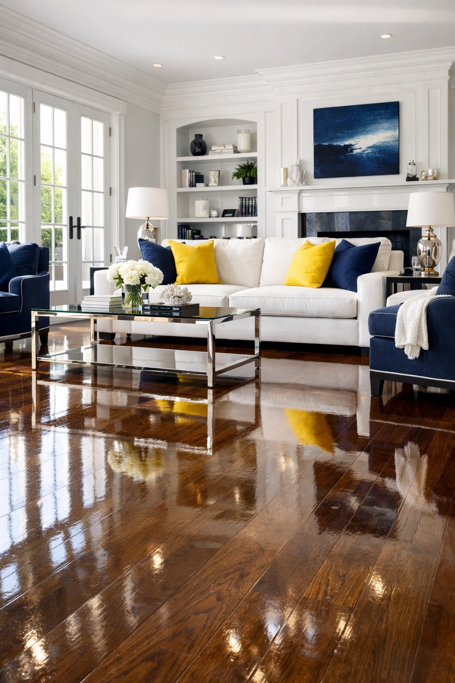 Deep cleaning Holliston results in polished hardwood floors and a fresh, dust-free luxury living room.