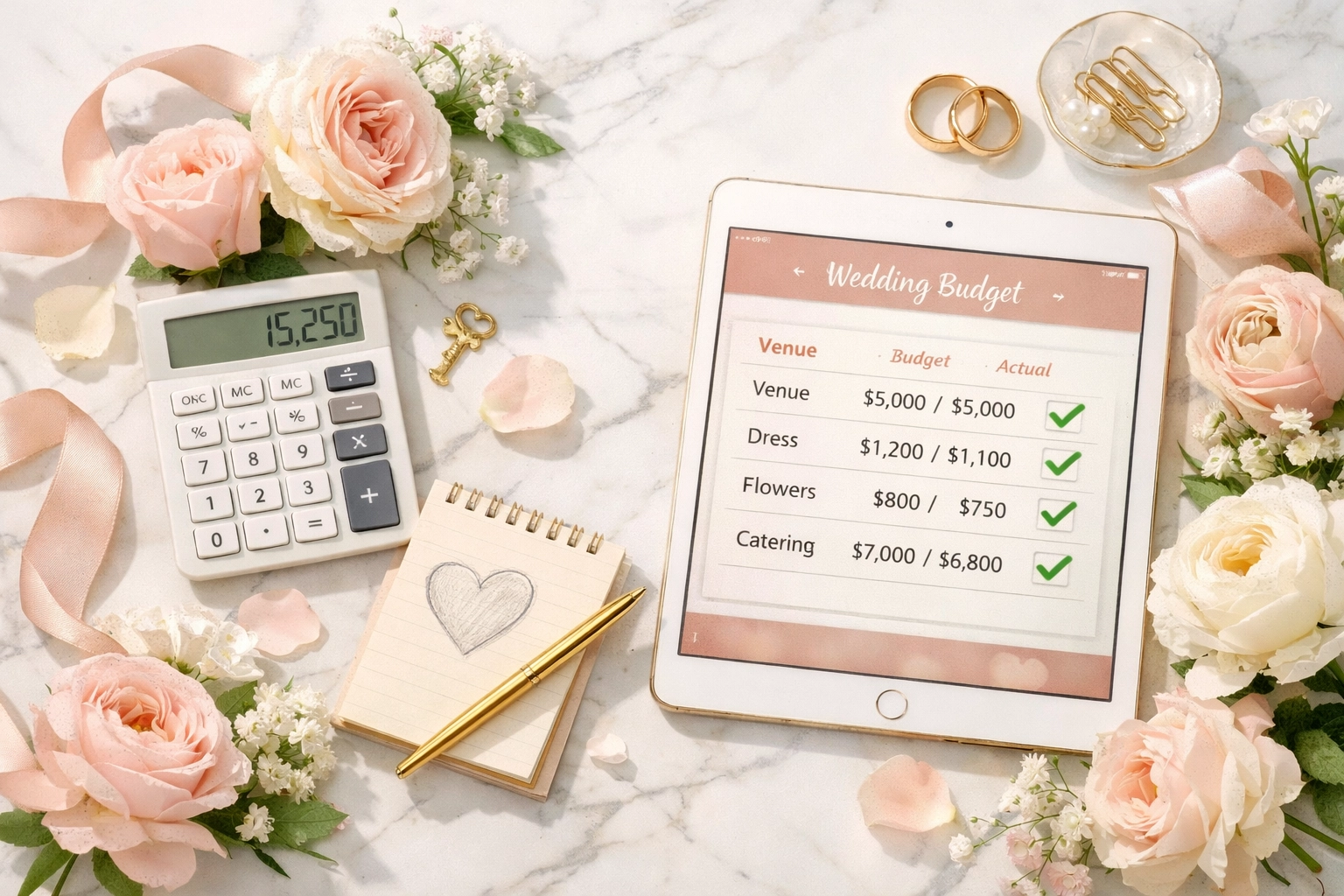Debt-free wedding budget planning with calculator, spreadsheet, and flowers on marble surface