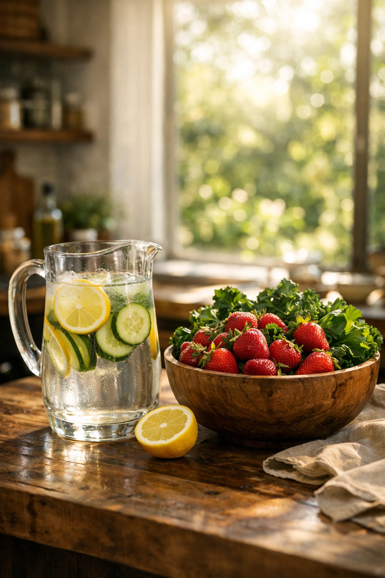 Fresh organic produce and clean water in a plastic-free kitchen for a healthy fertility diet.
