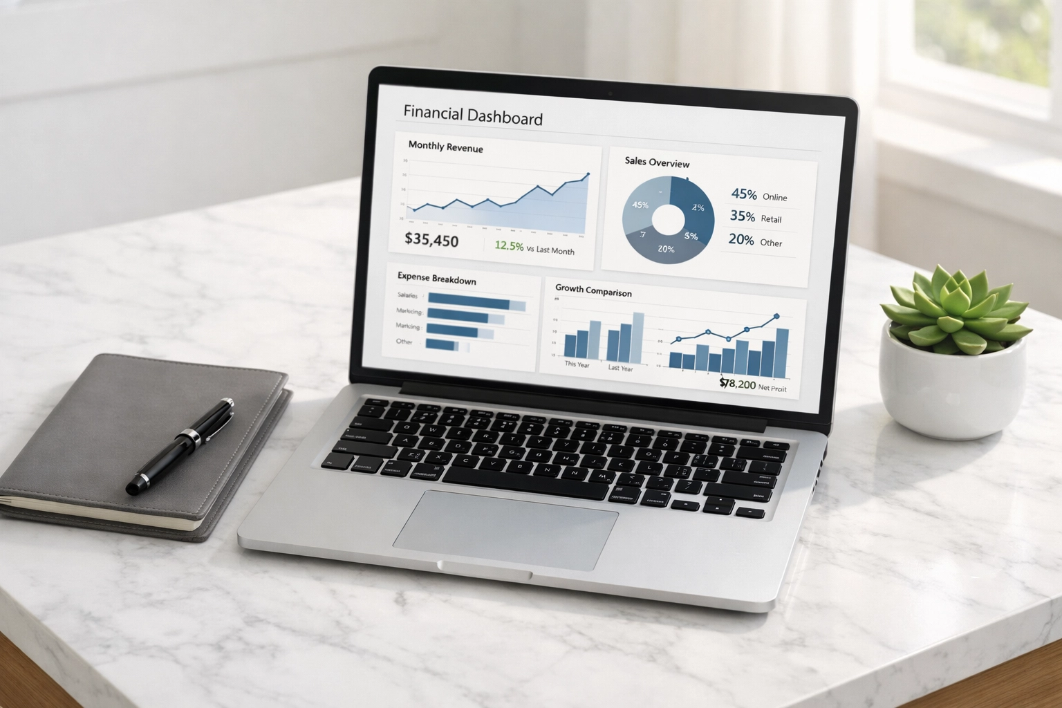 Modern office desk with a laptop showing financial charts for organized cryptocurrency tax record-keeping.