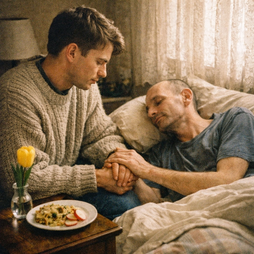 1990s gay man comforting a friend in bed, symbolizing community care and resilience during the HIV/AIDS crisis.