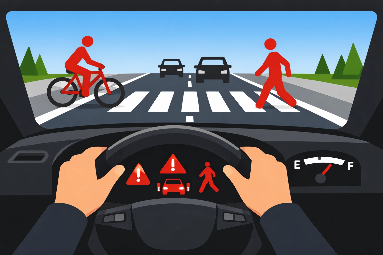 Driver's view of road ahead showing vulnerable road users including cyclist and pedestrian
