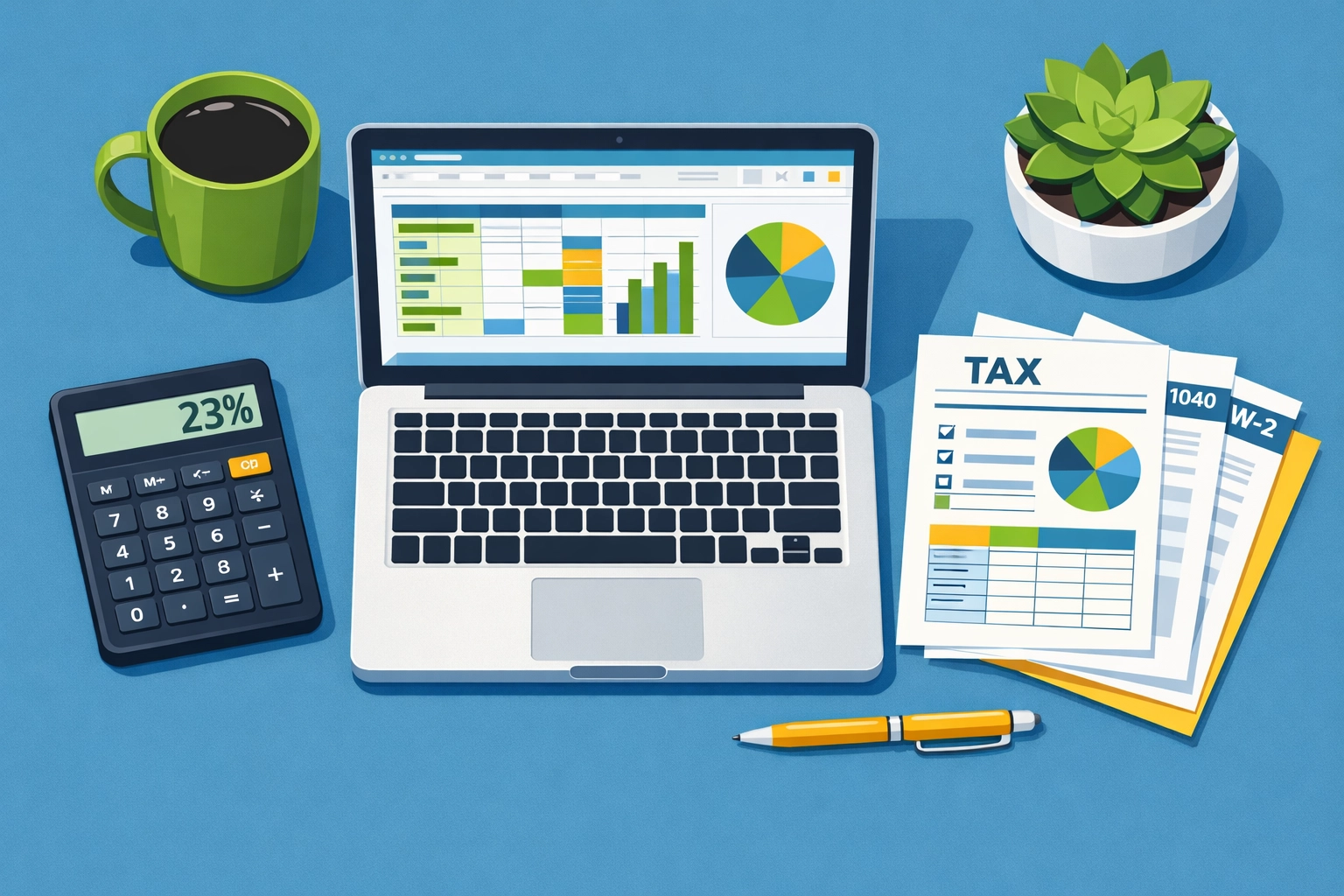 Small business owner calculating QBI tax deduction with laptop and organized financial documents