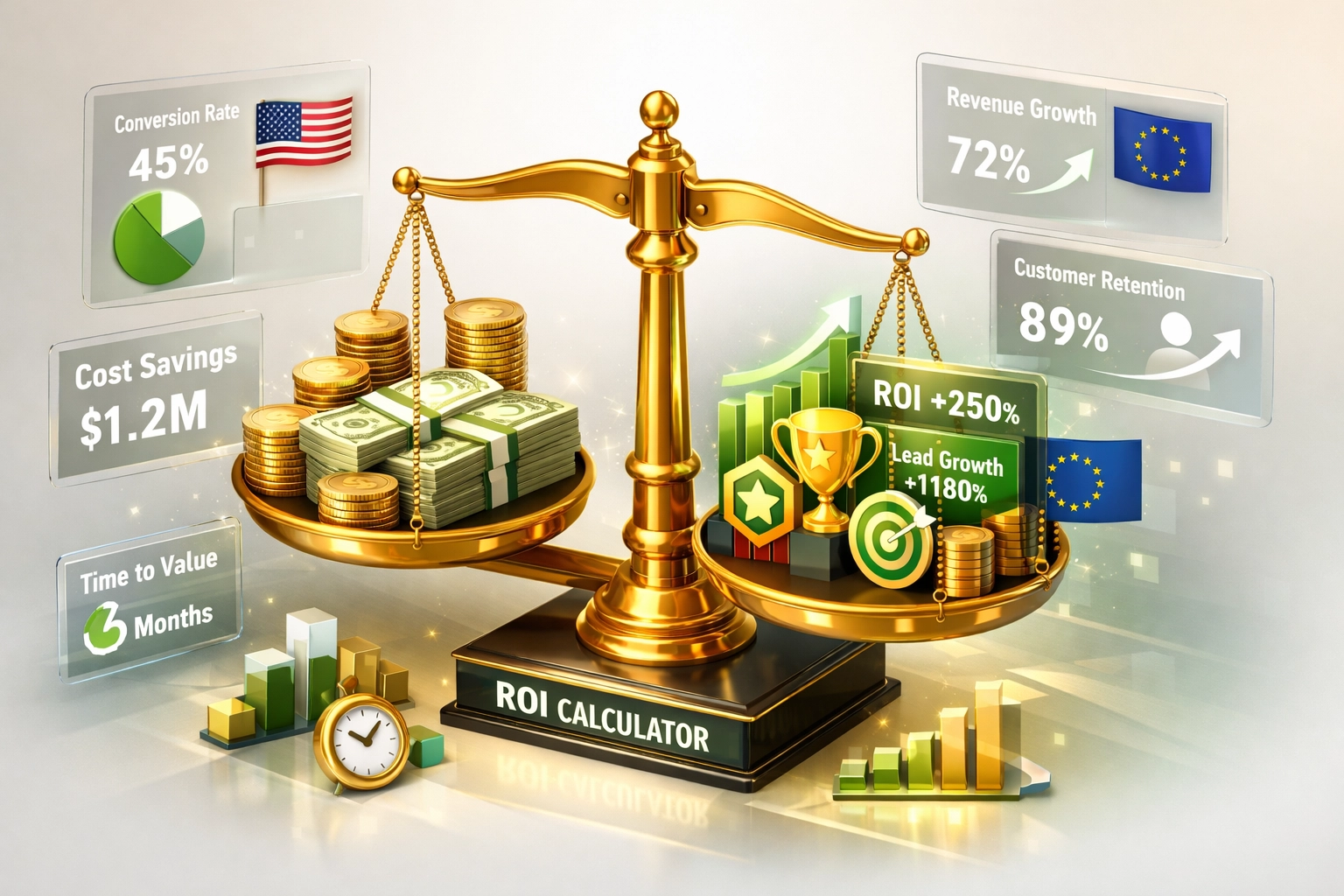 ServiceNow ITOM ROI calculator balancing costs against performance metrics for US and EU regions