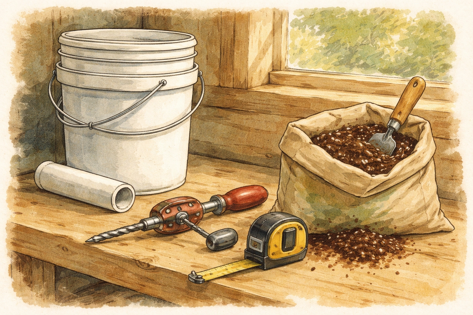 A vintage illustration of DIY strawberry tower supplies including stacked buckets, PVC pipe, potting soil, and a drill on a workbench.