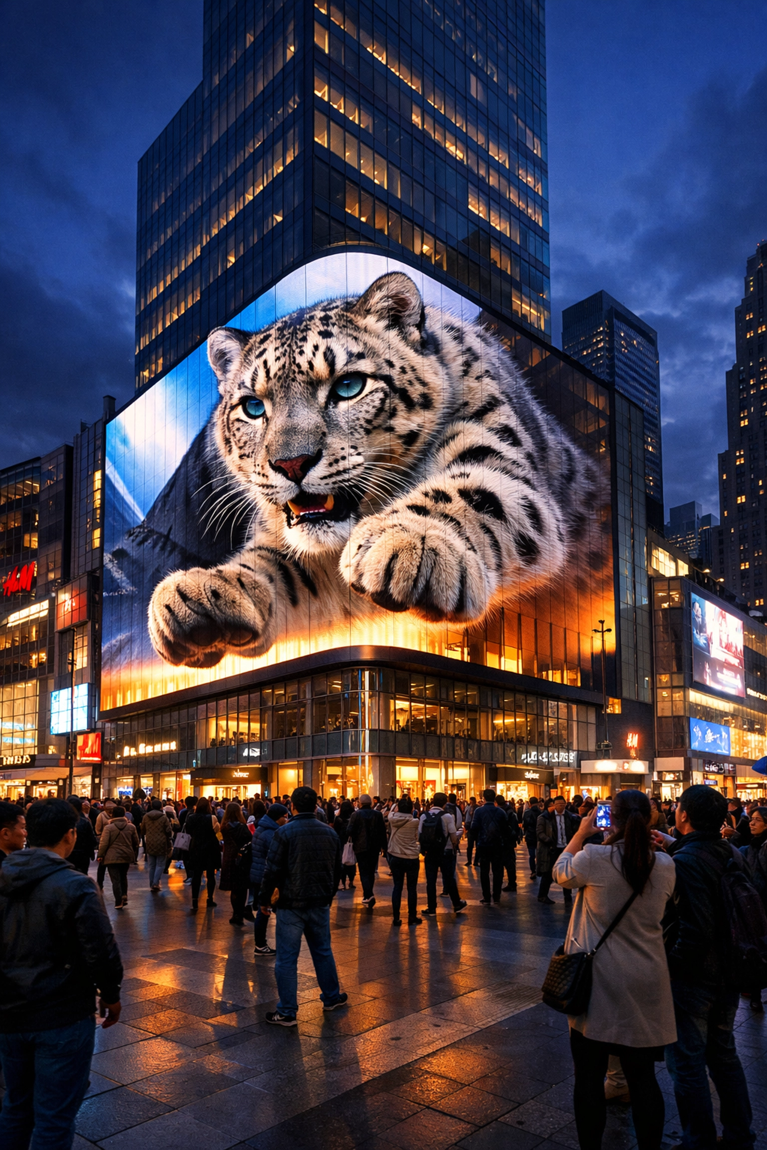 Snow leopard leaping from a digital billboard, showcasing bold zoo branding and outdoor advertising