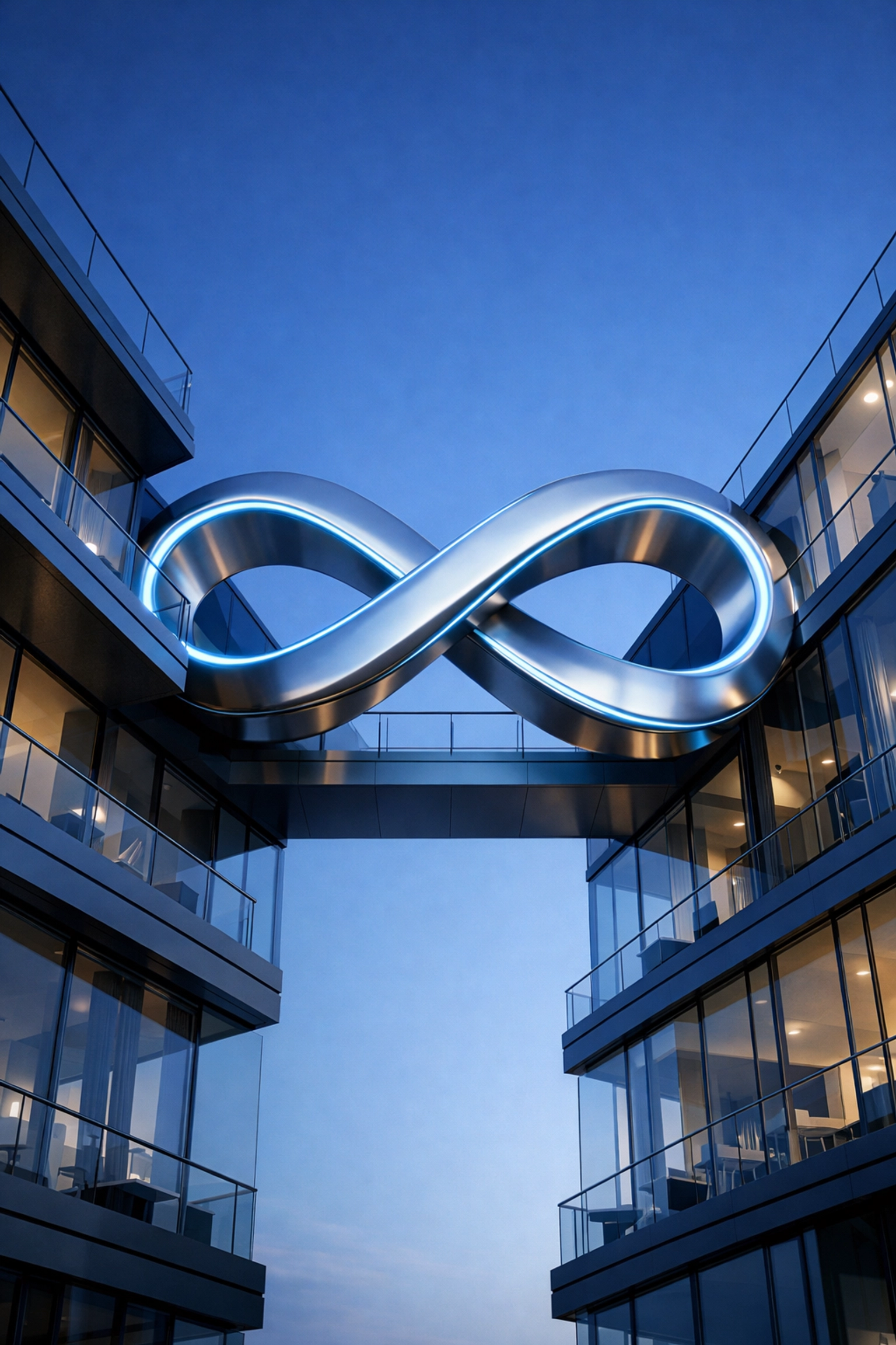 Modern apartment building with an infinity symbol representing stable property management revenue.