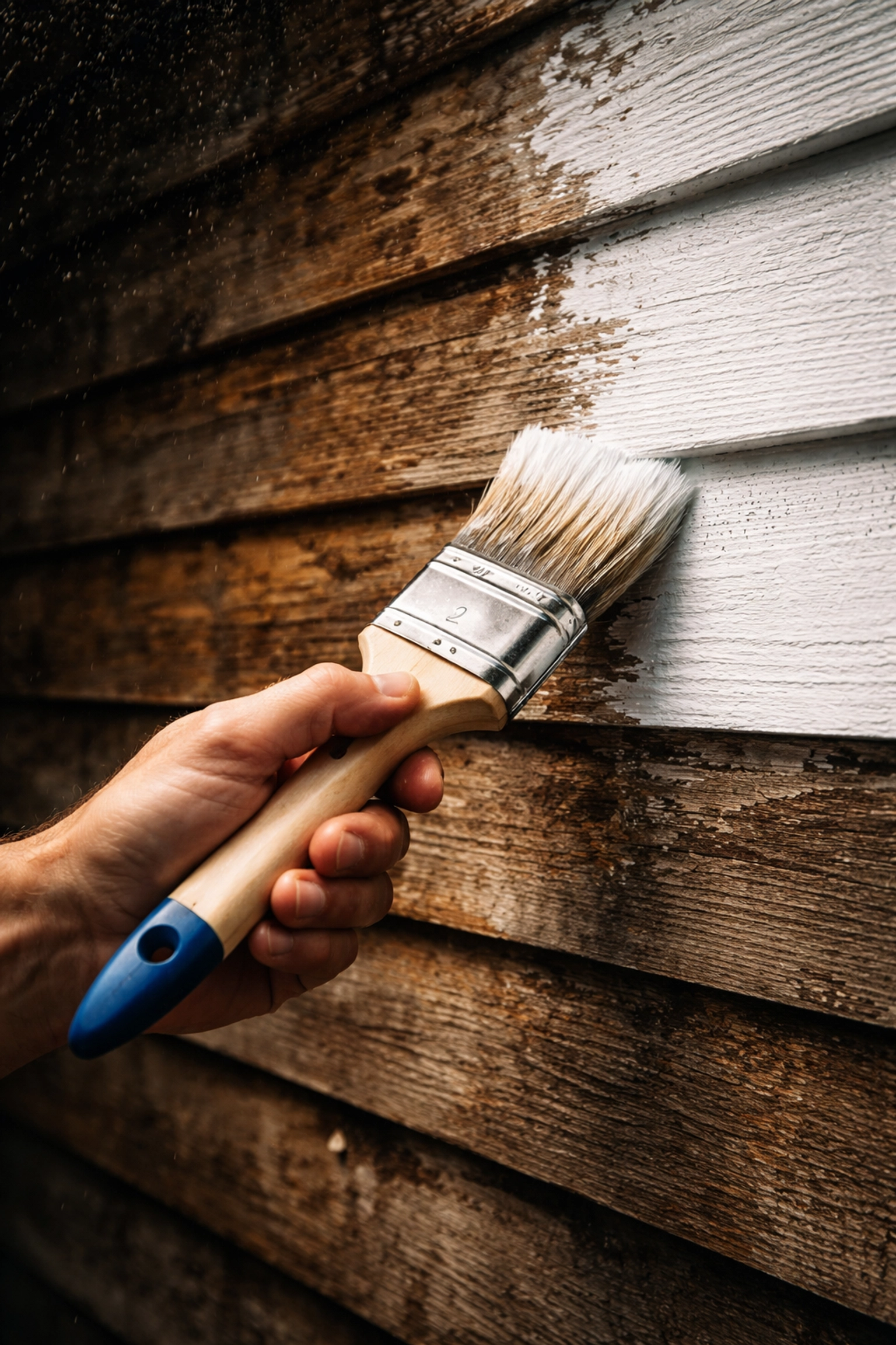 Close-up of a painter's hand holding a brush against sun-damaged timber, illustrating Brisbane paint maintenance challenges.