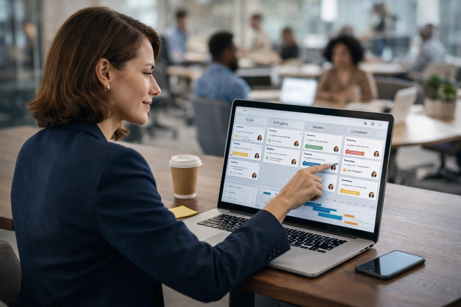 A woman entrepreneur manages business operations using smart tech and digital project management tools.