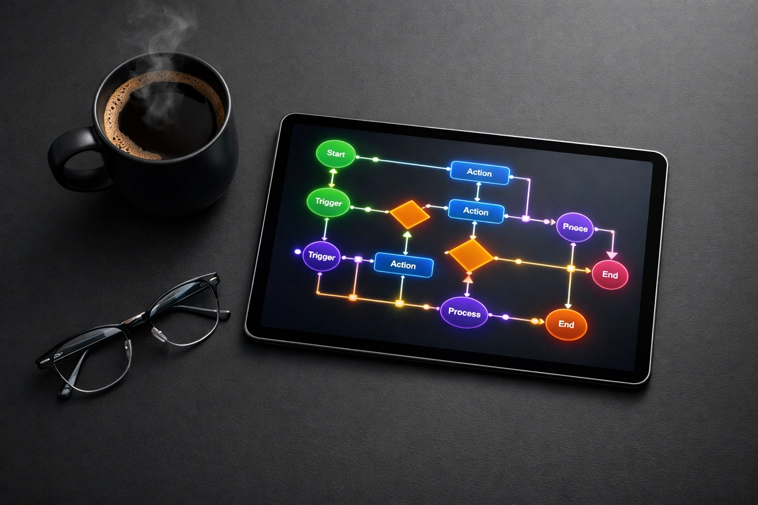 A tablet displaying a visual automated customer support workflow on a desk, showing optimized lead nurturing logic.