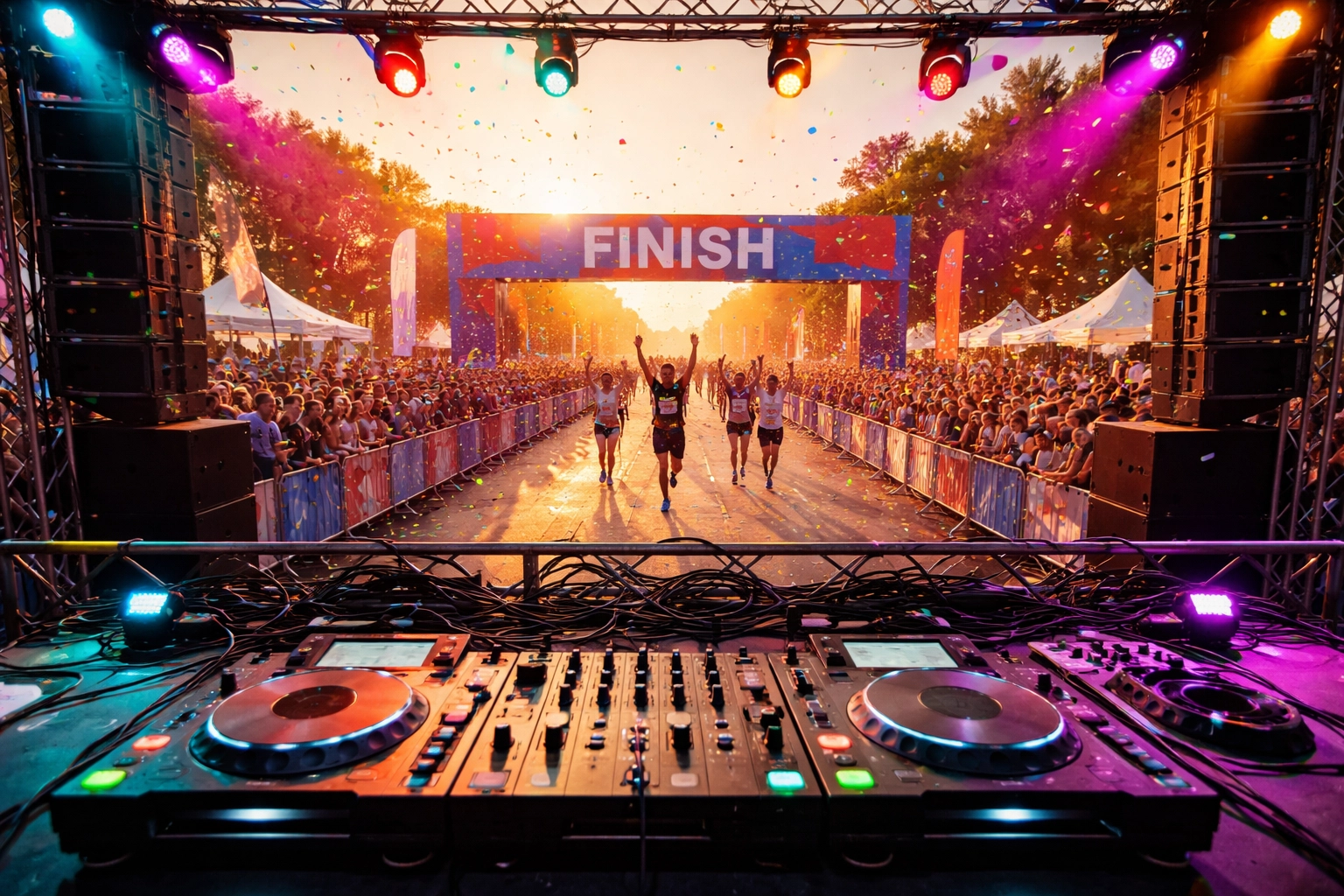 Finish line festival with DJ stage, colorful lights, cheering runners, and confetti creating a dynamic race day celebration.