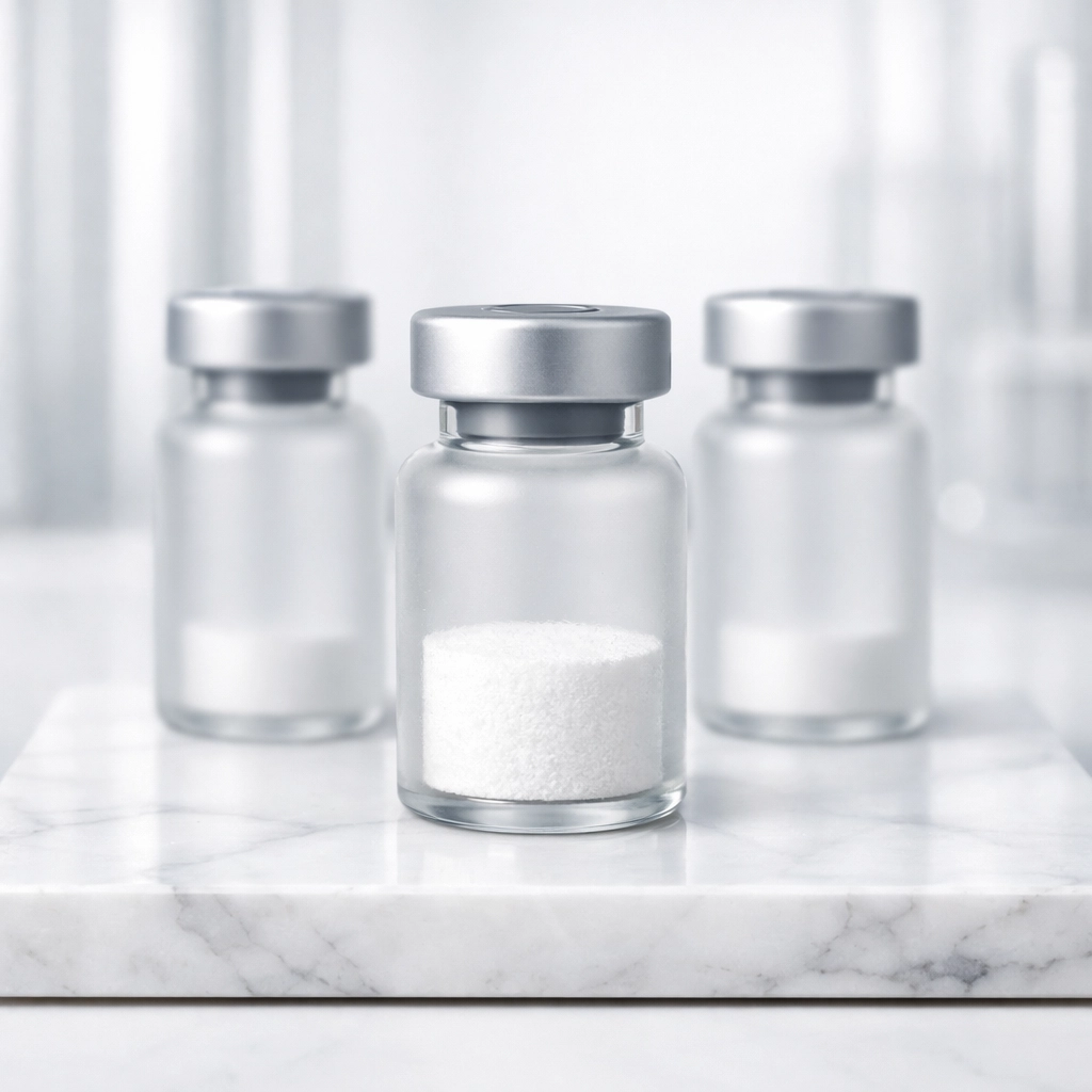 High-purity lyophilized peptide powder in laboratory vials demonstrating verified research quality.