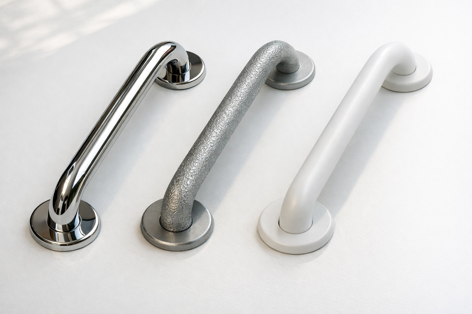 Comparison of three grab bar materials: stainless steel, aluminum, and composite options