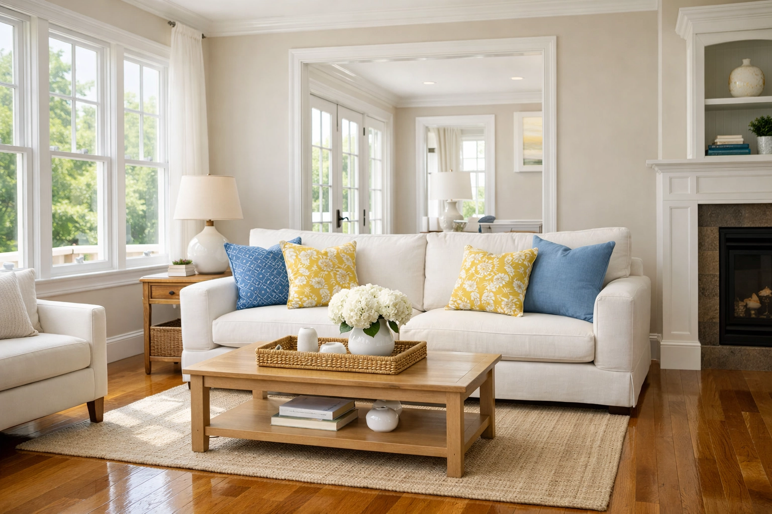 A pristine, decluttered living room with polished hardwood floors ready for a House Cleaning Pepperell MA service.