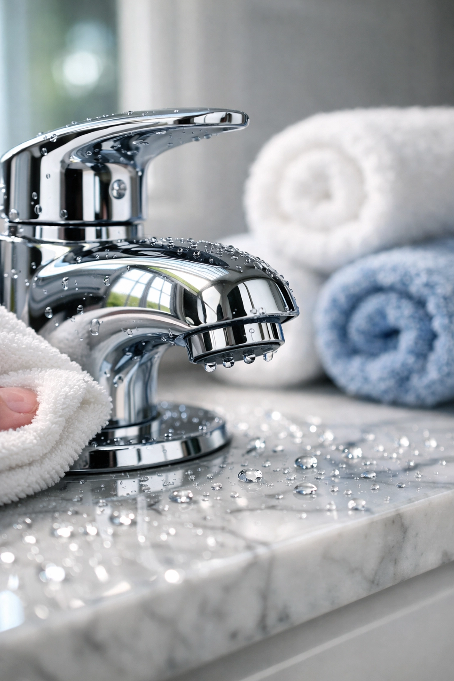 Detailed deep cleaning results on a chrome faucet and marble vanity in Forestdale.