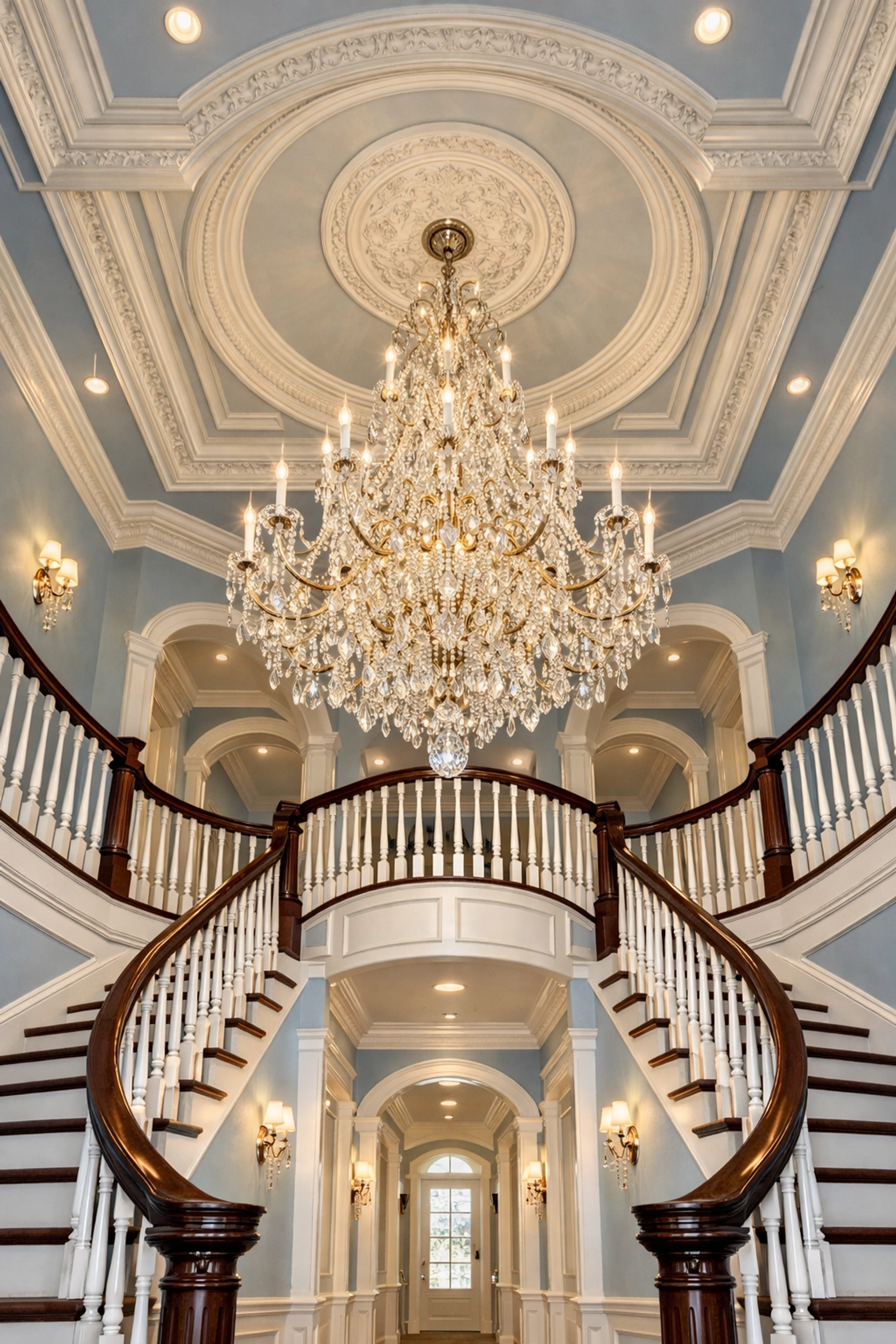 Grand foyer in a Milton luxury home with a sparkling chandelier following professional high-level dusting.