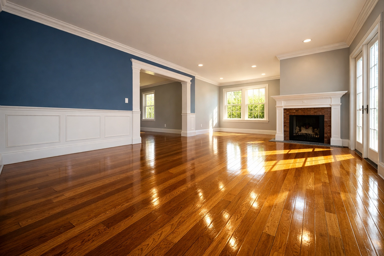 Polished hardwood floors in an empty Framingham home after a comprehensive move-in cleaning service.