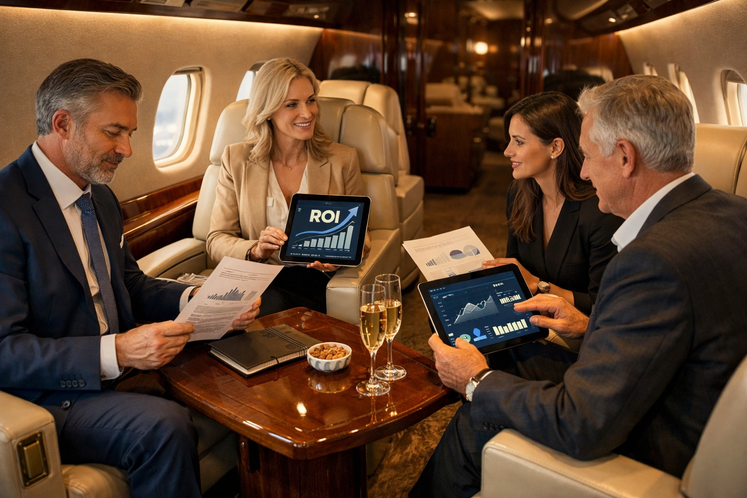 Corporate executives reviewing ROI data during private jet travel to Super Bowl event