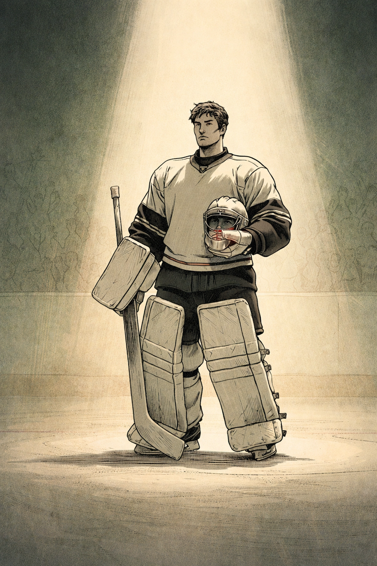 Illustration of a solitary male hockey goalie under a spotlight, emphasizing isolation and athletic pressure in On Thin Ice