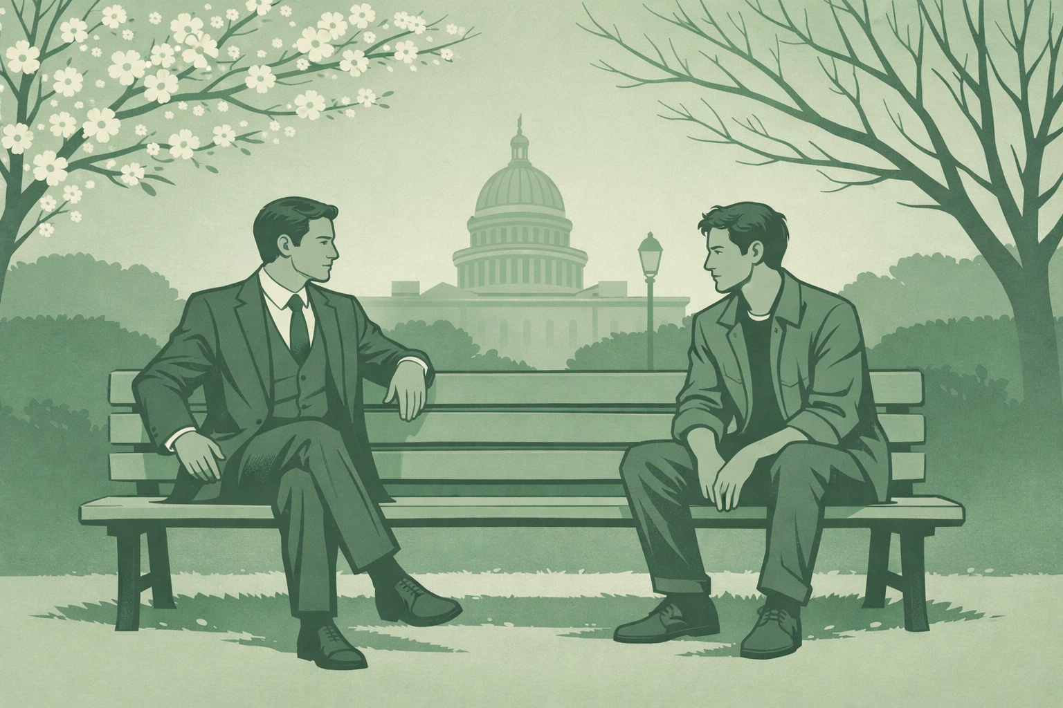 Two men on park bench maintaining emotional distance - hidden gay relationship under political pressure