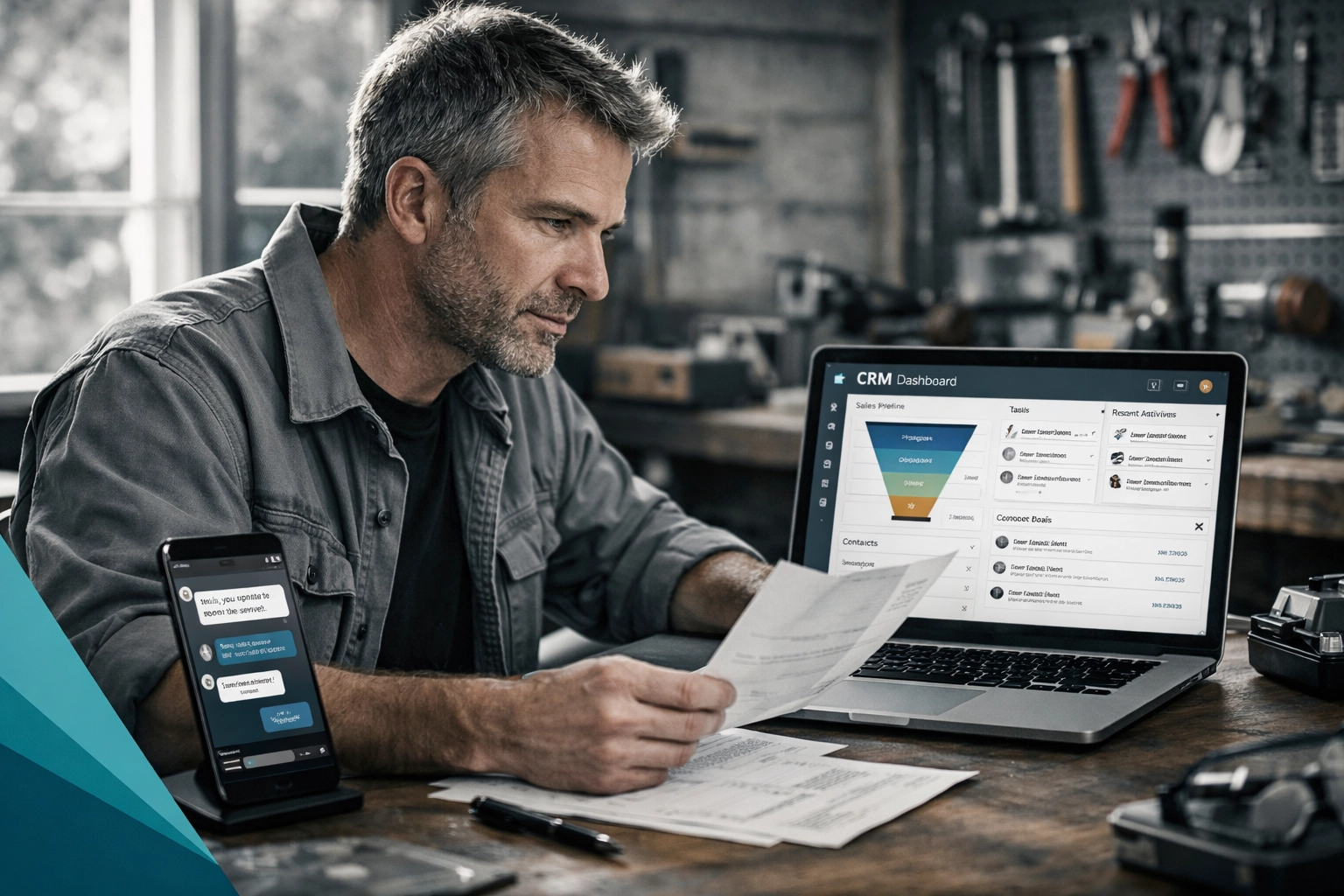 Small business owner reviewing CRM software interface on laptop for customer management